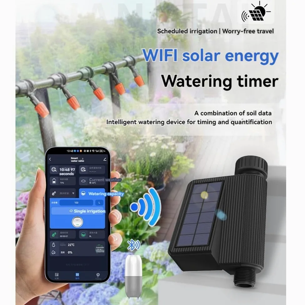 Regadera Solar WIFI, Aspersor Inteligente con Temporizador para Jardín con Sensor de Humedad y Temperatura del Suelo, Herramienta de Riego Automático de Flores
