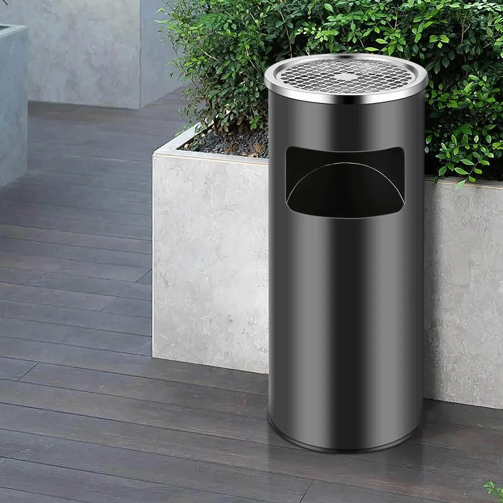 Cenicero de pie 2 en 1 de acero inoxidable con cubo de basura, 30 litros, cubo interior extraíble, cenicero de pie para exterior, cenicero para entrada, hotel (plata + negro, 30 L, 2 unidades)