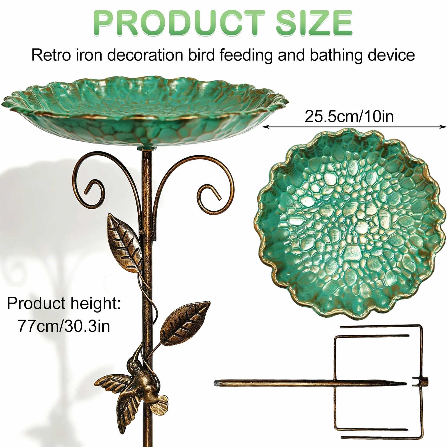 GOMETY Bebedero para pájaros de pie, para jardín, resistente al invierno, de metal, resistente a las heladas, para exteriores, 2 en 1, bebedero para pájaros y comedero para aves silvestres, 77 cm