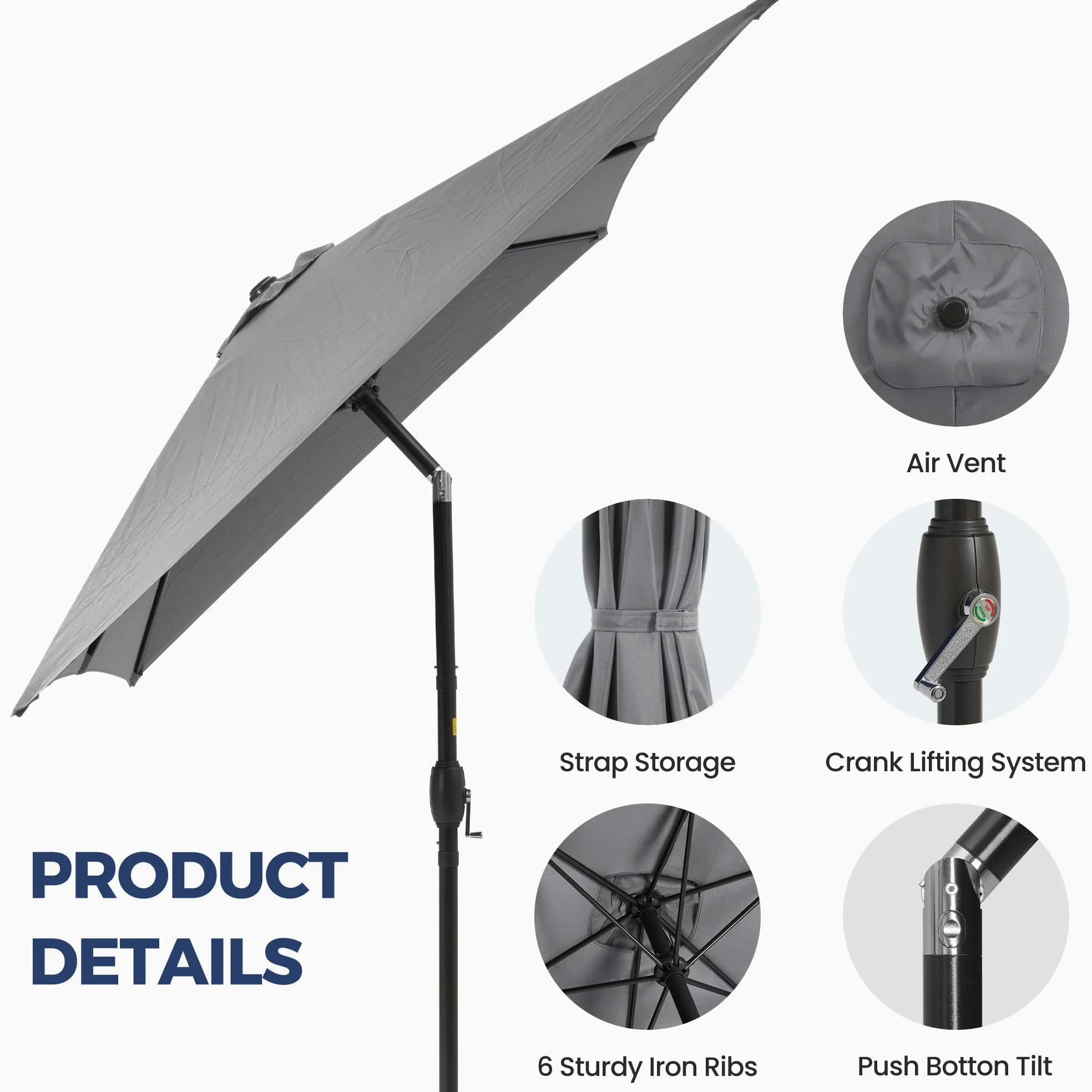 SUNVIVI OUTDOOR Sombrilla rectangular de 6.5 x 10 pies, poste de aluminio, sombrilla de mercado para mesa al aire libre con manivela, 6 varillas de acero, toldo de poliéster, color gris