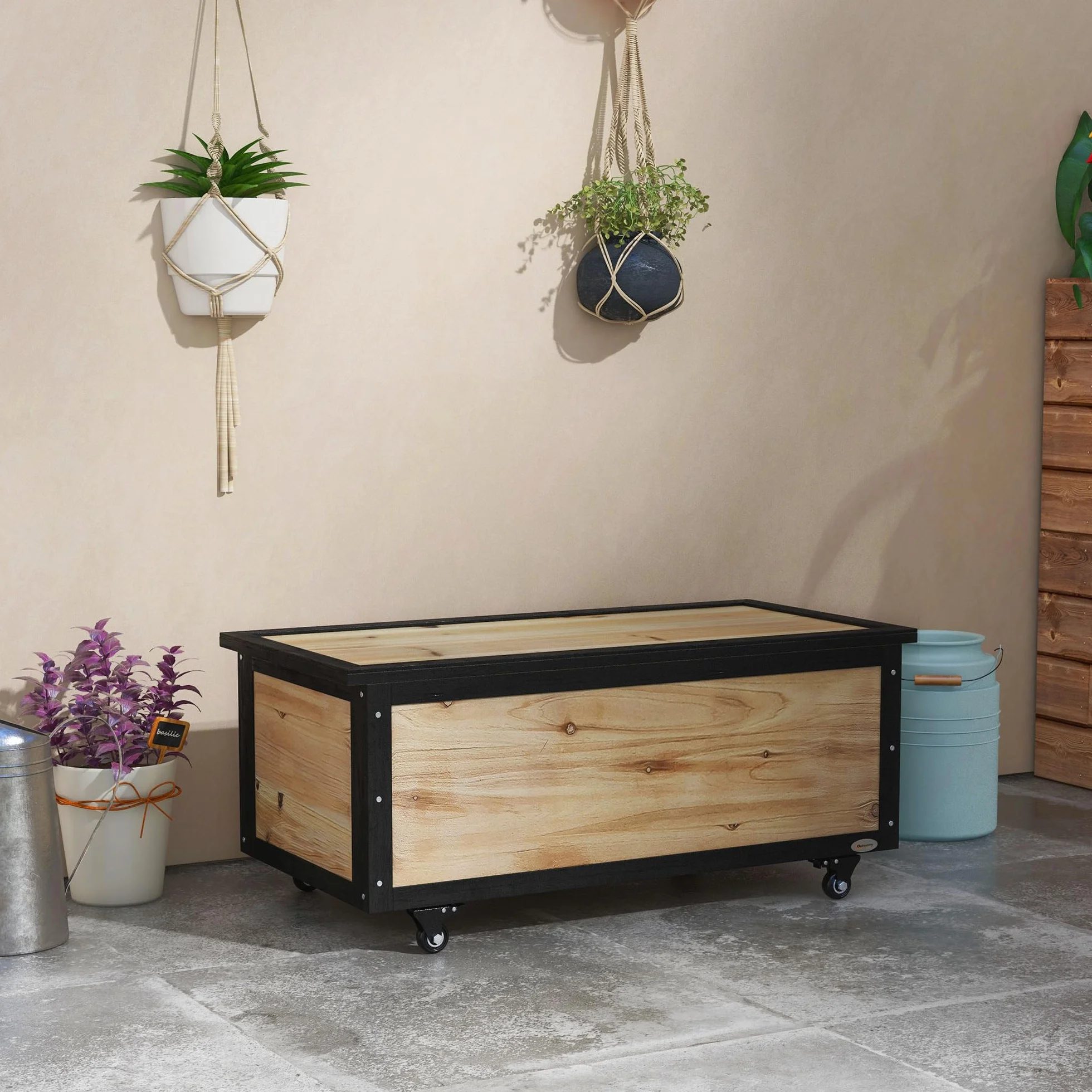 Outsunny Baúl de Exterior 121L Arcón Almacenaje de Madera con 4 Ruedas para Jardín Patio Balcón 100x50x43 cm Natural y Negro