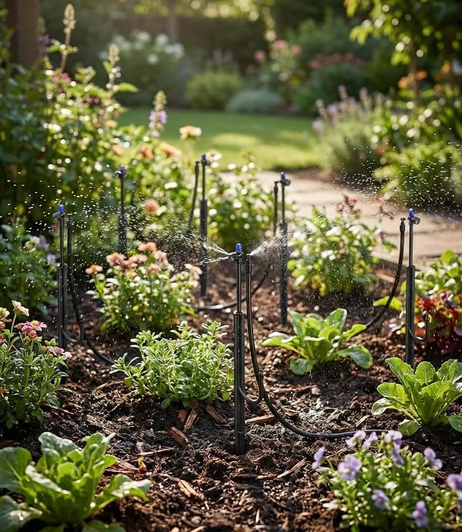 Suinga Microaspersor de Riego Circular 360º Ajustable con Estaca y Microtubo 31 cm | Pack 10 Aspersores de Riego para Jardin | Aspersor de Riego para Plantas y Arriates