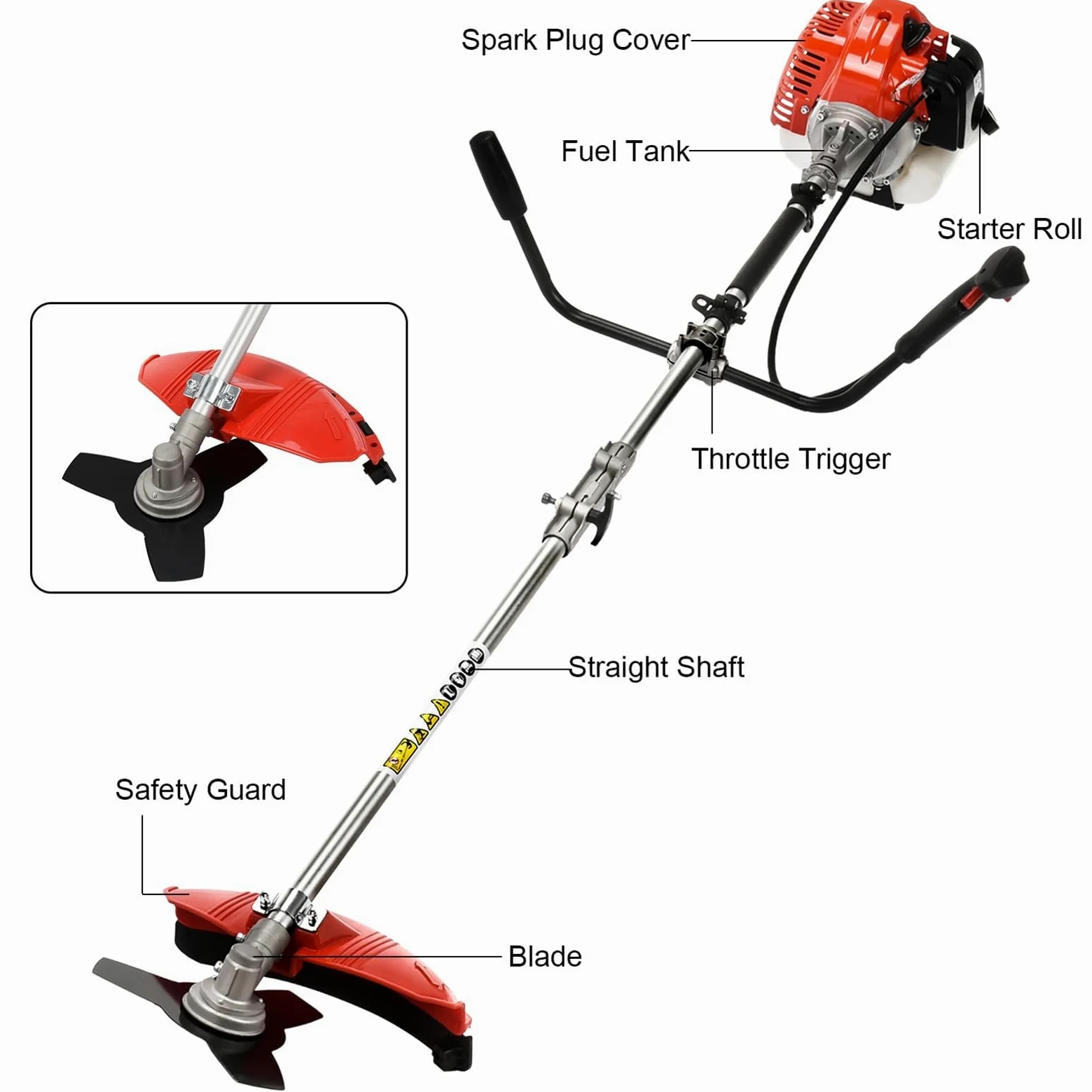 Desbrozadora de gasolina de 52 cc, cortador de cepillo de 2 tiempos con protector de funcionamiento completo y accesorios