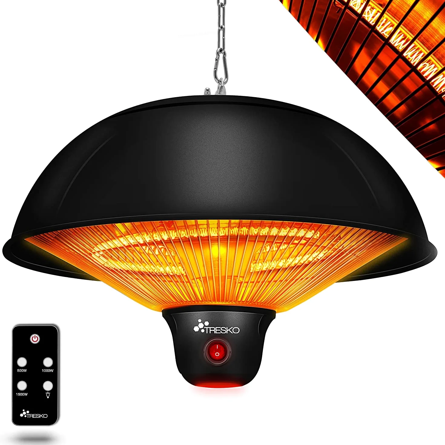 TRESKO Calefactor por Infrarrojos de Pared | 1500W + Control Remoto | Estufa Radiante de Terraza con 3 Temperaturas | Radiador Eléctrico para Exterior e Interior | Calentador de Techo (Negro)