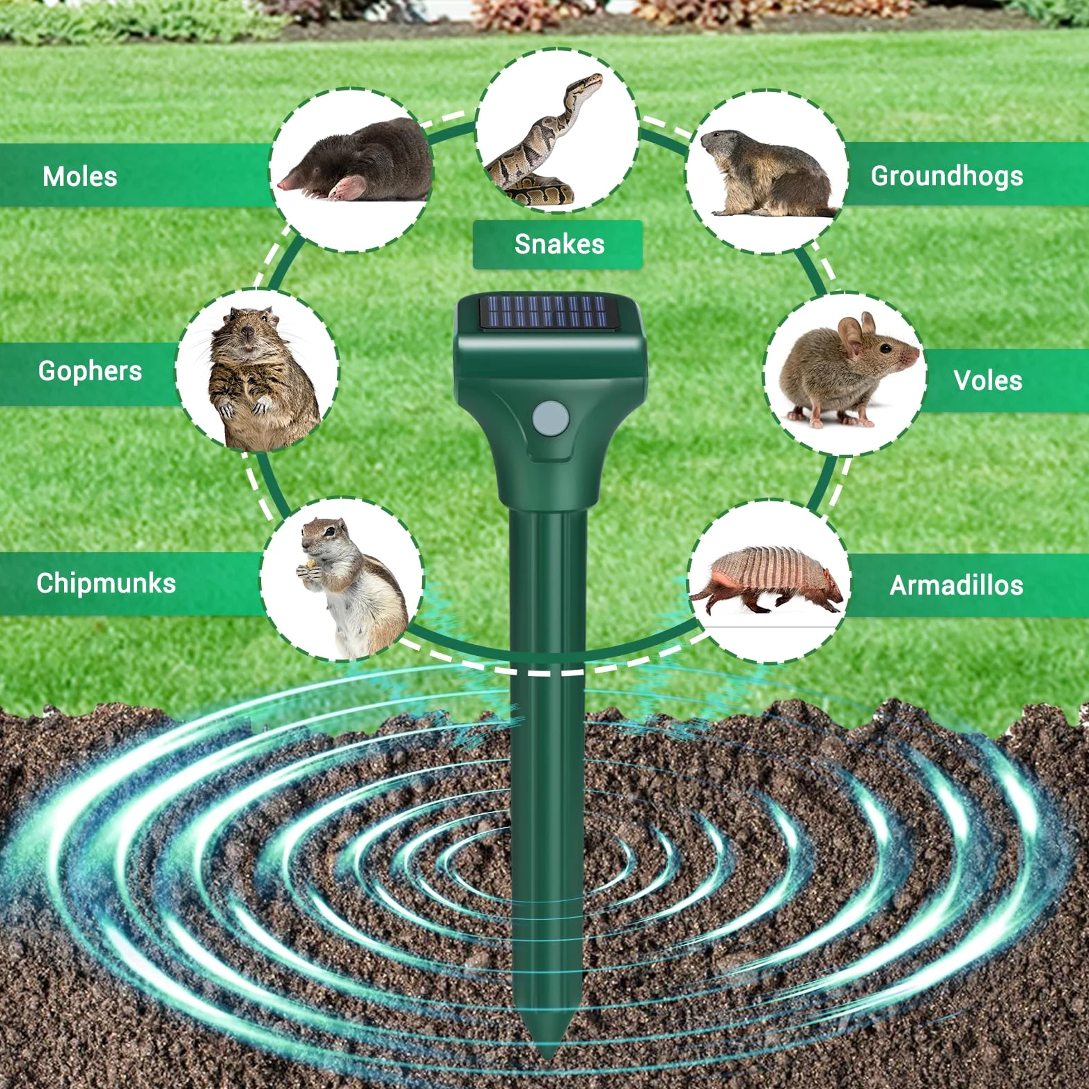 Repelente de topos para césped, paquete de 4, repelente solar ultrasónico de topos, IPX7 impermeable, estacas de vibración de campañol para patio, estaca disuasoria de topos para ardilla, marmota,