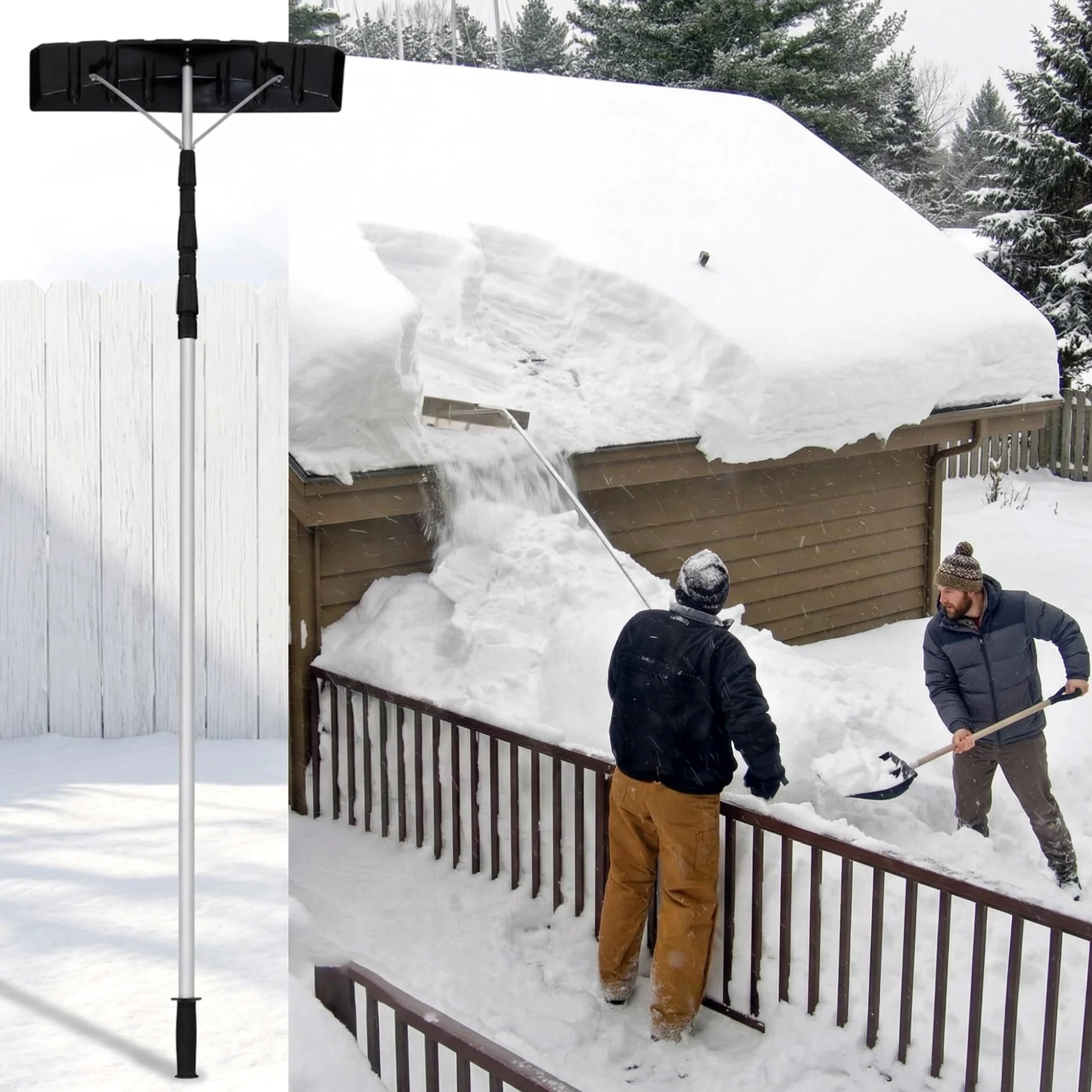 Rastrillo telescópico para techo de nieve (6.3-21 pies) – Pala de nieve ajustable de largo alcance con hoja de plástico para prevención de presas de hielo, herramienta antiarañazos para techos