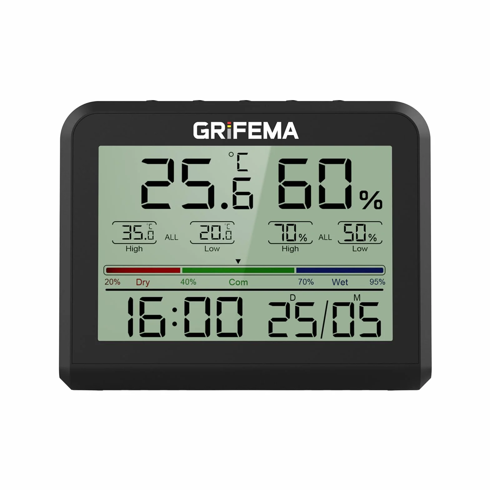 GRIFEMA GA2901B, Termómetro Digital Interior del Higrómetro, Digital Medidor de Humedad con Retroiluminación, Registro Máx/Mín, Reloj/Fecha, Ideal para Hogar/Invernadero, Negro