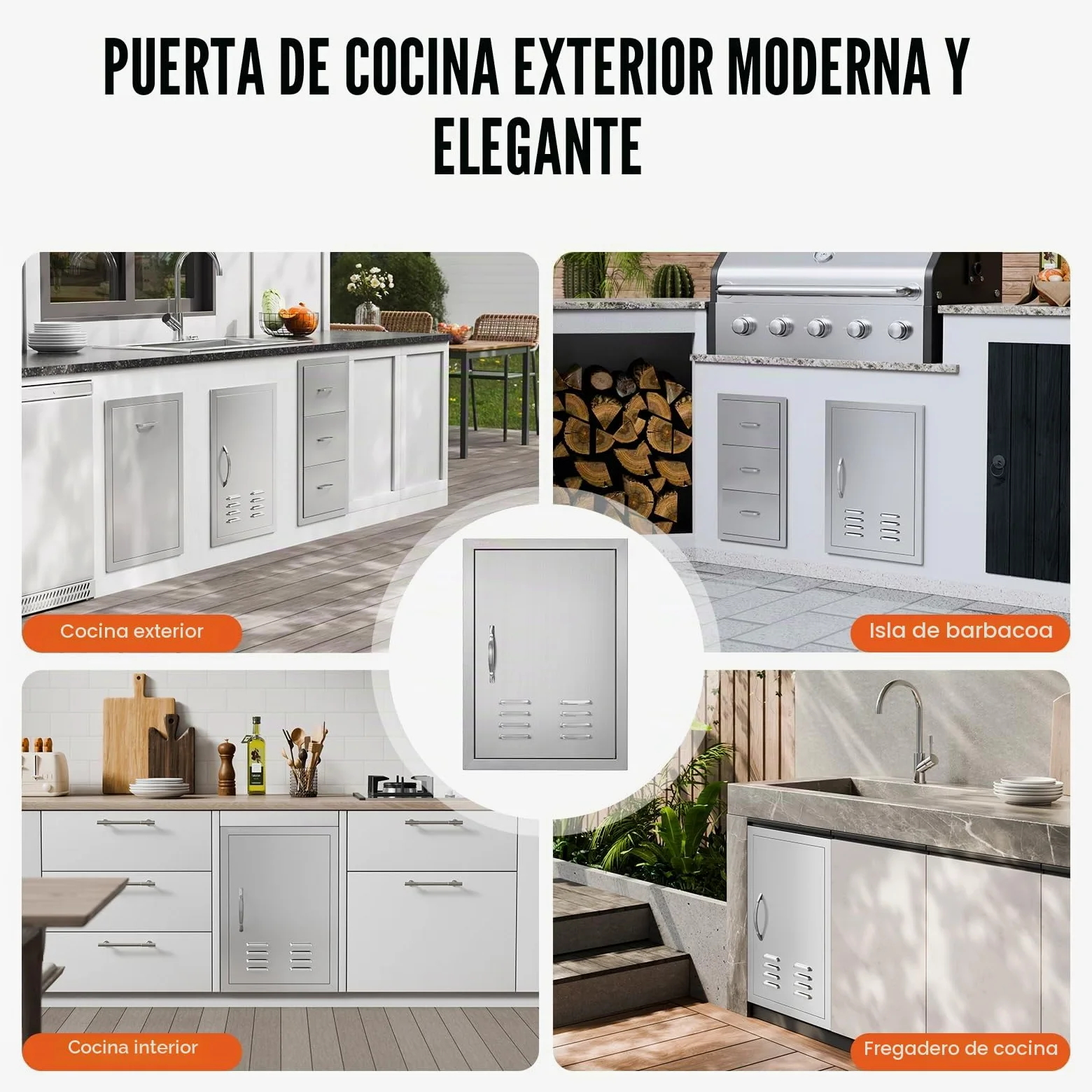 VEVOR - Puerta de acceso para barbacoa y cocina exterior, 610 x 431 x 45 mm, puerta empotrada en acero inoxidable, con asas, ventilaciones y ganchos, para isla de barbacoa, estación de