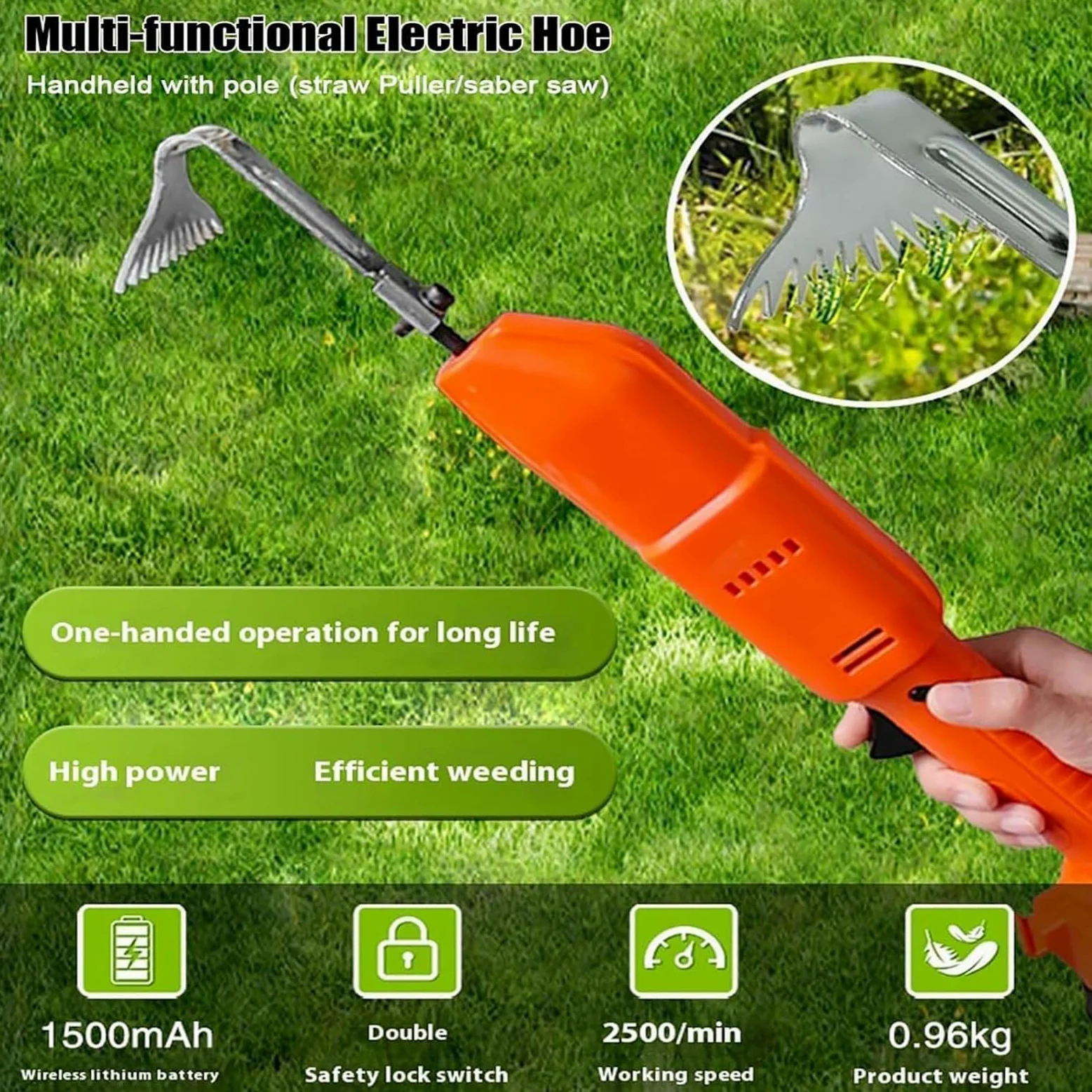 Azada cultivadora inalámbrica, desbrozadora eléctrica de jardín con poste telescópico, mano de azada de excavación eléctrica, herramientas de jardinería 2 en 1 y rastrillo, para aflojar el suelo y