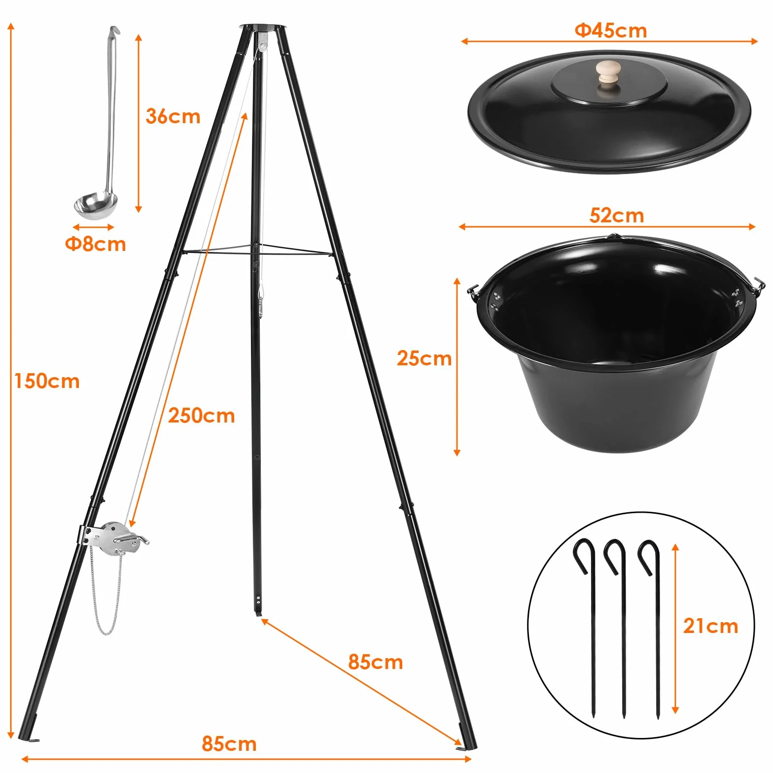 Hervidor para Goulash de 30L con Trípode y Cuchara, Hervidor para Gulash Original Húngaro, Olla para Gulash Esmaltada, con Cadena de Altura Ajustable, Juego de Olla para Gulash, para 25-30 Personas