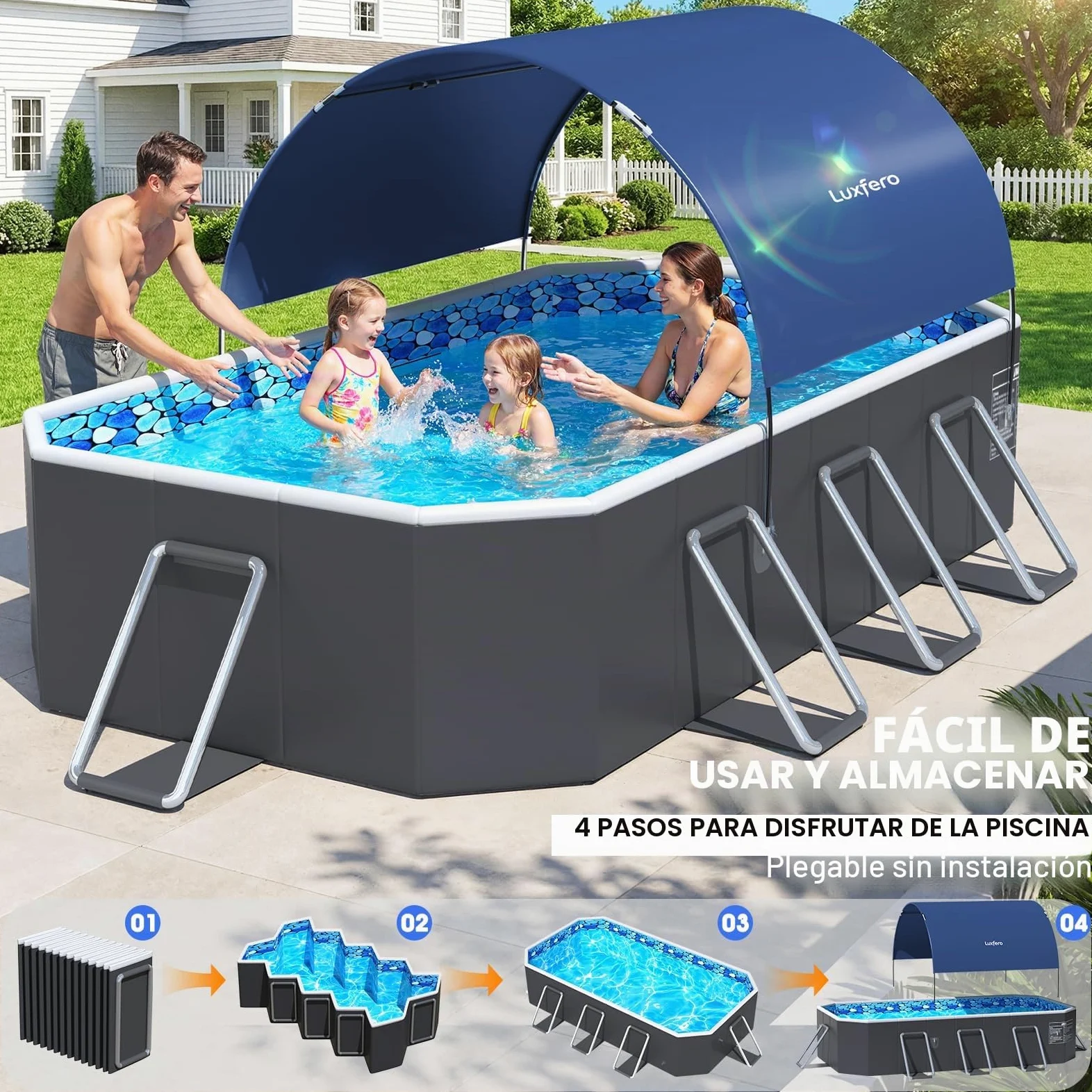Luxfero Piscina Desmontable Rectangular con Toldo Solar, Piscina Desmontable Tubular Plegable, Piscina Rectangular de Exterior Épaissi, Fácil de Guardar Piscina para Adultos y Niños, 228 x 127 x 50 cm