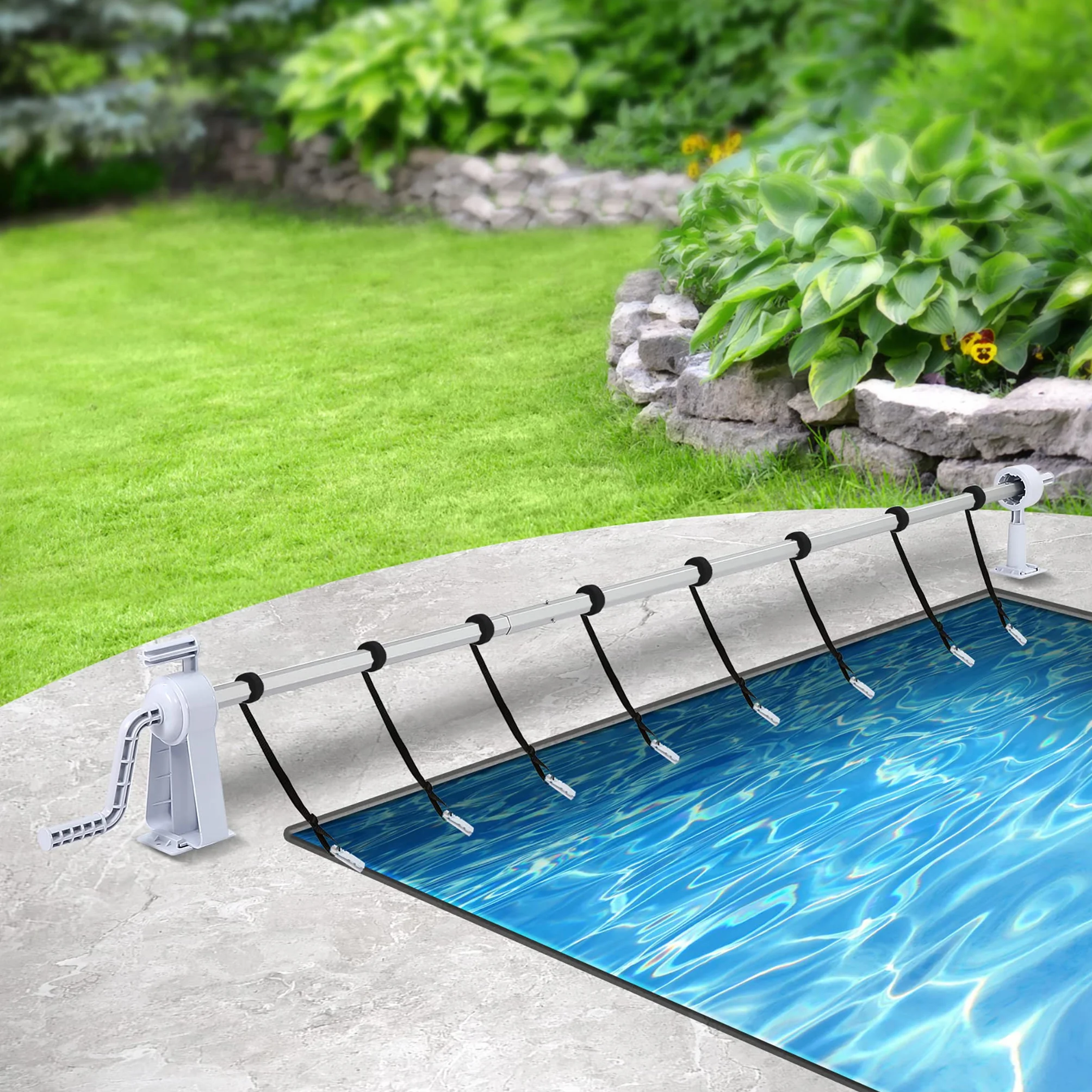 YRHome Enrollador de piscina 1,05-6,15 m, lona solar móvil, sistema de enrollado para cubierta y lona de piscina, resistente a la intemperie, incluye cintas