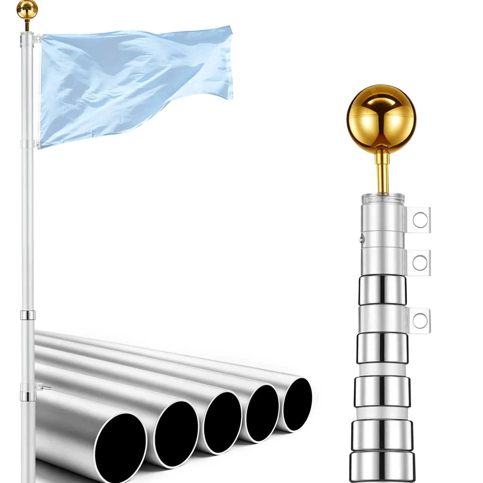VEVOR Mástil de Bandera Telescópico para Exterior 9,14 m Asta para Bandera, Tubo Grueso de Aluminio Reforzado, Kit Completo de Instalación, para Zona Residencial Comercial Eventos, Color Plateado