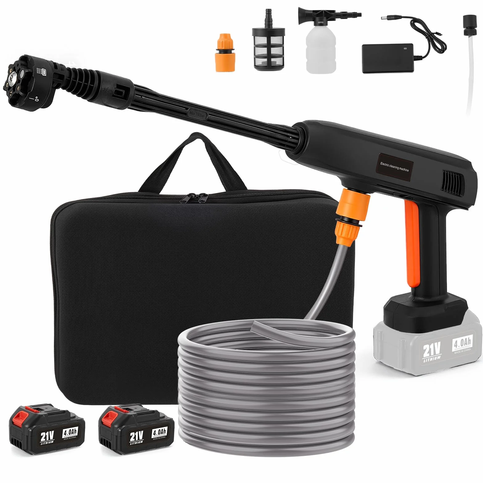 Limpiador de alta presión con batería, 1000 PSI (69 bar), 336 l/h, pistola portátil con 2 baterías de 4000 mAh, boquilla giratoria multifuncional 6 en 1, manguera de 7 m para coche, suelo, terraza