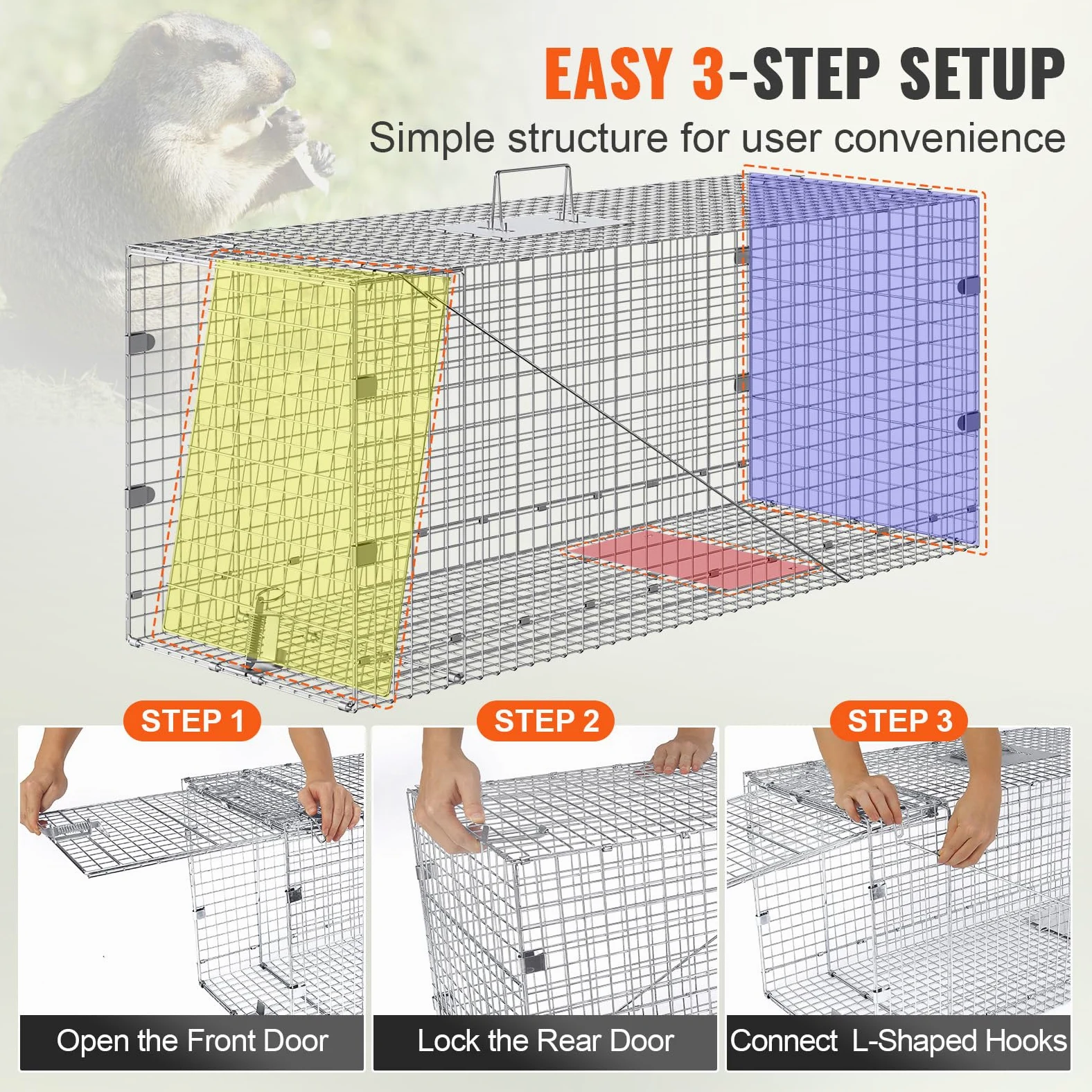 VEVOR Trampa para Animales 1270x508x660mm Jaula Plegable para Trampa para Gatos Alambre Galvanizado sin Crueldad con Asa Trampa para Conejos, Gatos Callejeros, Ardillas, Mapaches, Marmotas, Zarigüeyas