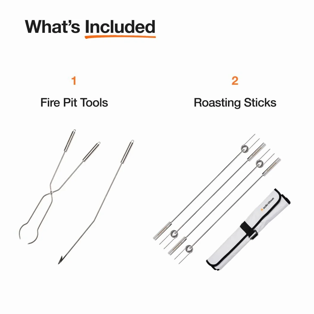 Solo Stove Herramientas para Brasero y varillas para asa, Juego de 7 piezas: 4 varillas para asar (91,44cm), 1 atizador de madera angular (92,7cm) y 1 pinzas para troncos (81,3cm), 1 funda protectora