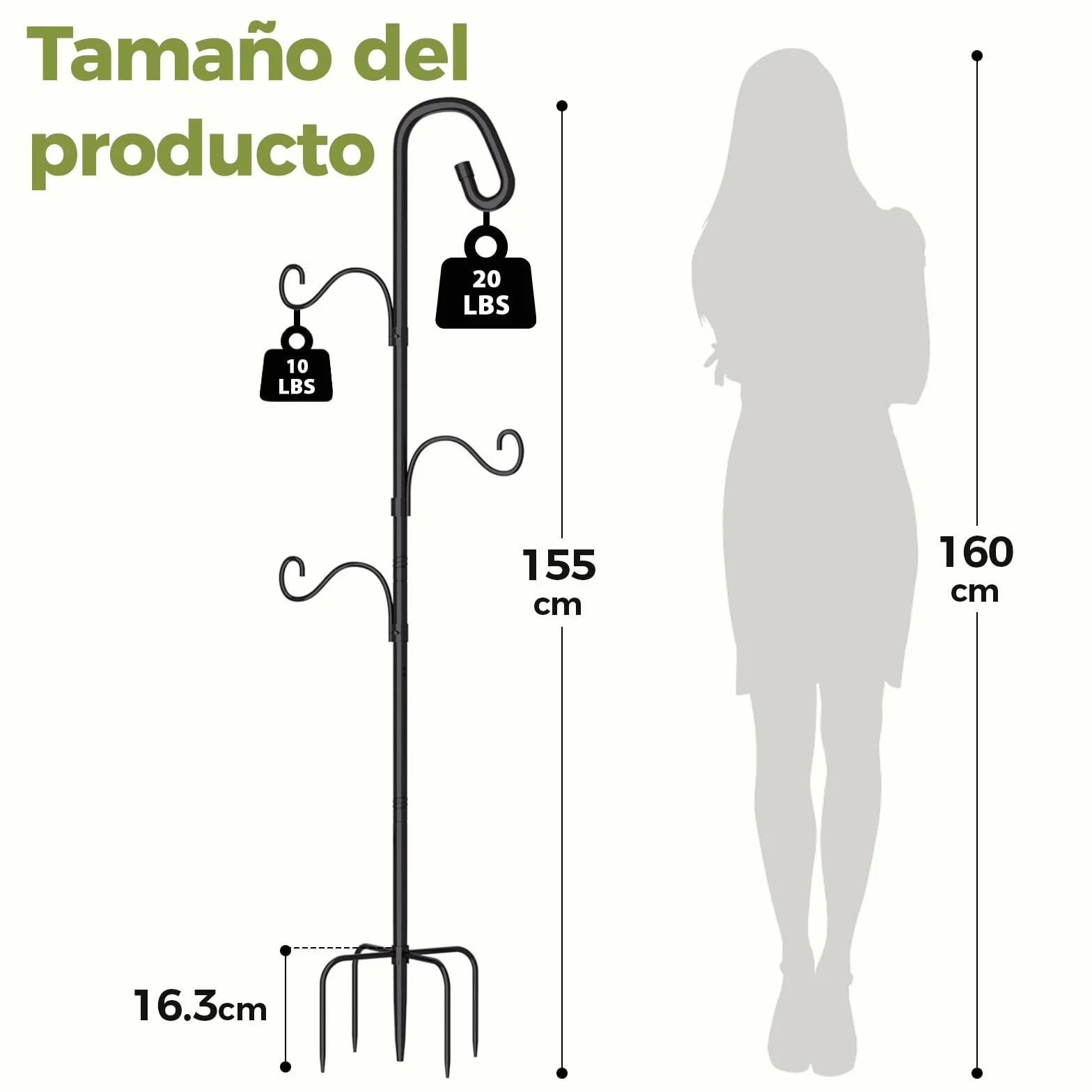 Bamworld Gancho de Pastor para Exterior 160cm Gancho de Pie Metálico con 3 Ganchos Ajustables y Base Estable de 4 Patas Para Macetas Colgantes, Plantas, Faroles, Patio, Jardín y Decoración