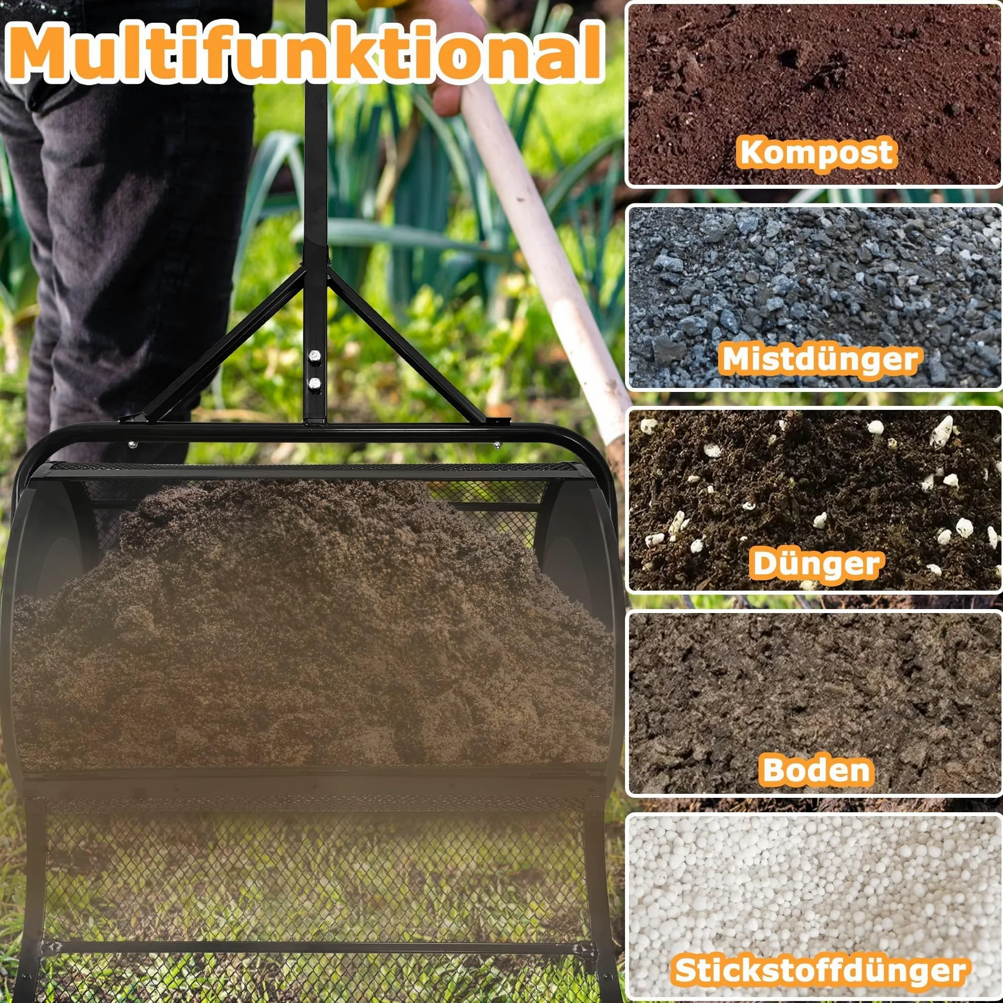 UISEBRT Esparcidor de compostaje de 80 l, color negro, con asa, esparcidor de compost y turba con cesta de malla, 65 cm de ancho, para compost, abono, turba