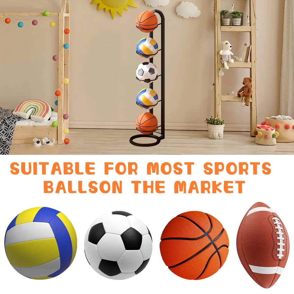 Estante de Almacenamiento de Pelotas de 5 Niveles, Soporte Vertical Extraíble para Fútbol y Baloncesto