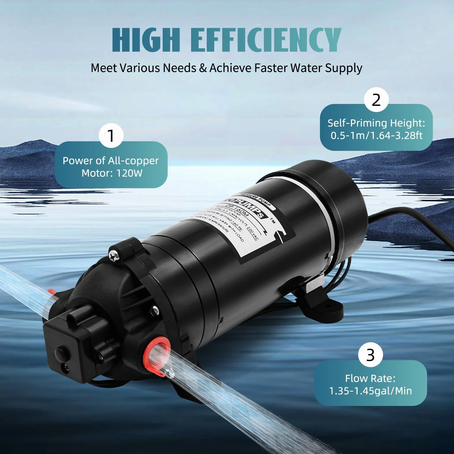 Bomba autocebante, bomba de agua autocebante de 120 W, bomba de agua autocebante de alta presión, 3 cámaras, membrana de acero, bomba de refuerzo, 26 x 10 x 10,5 cm