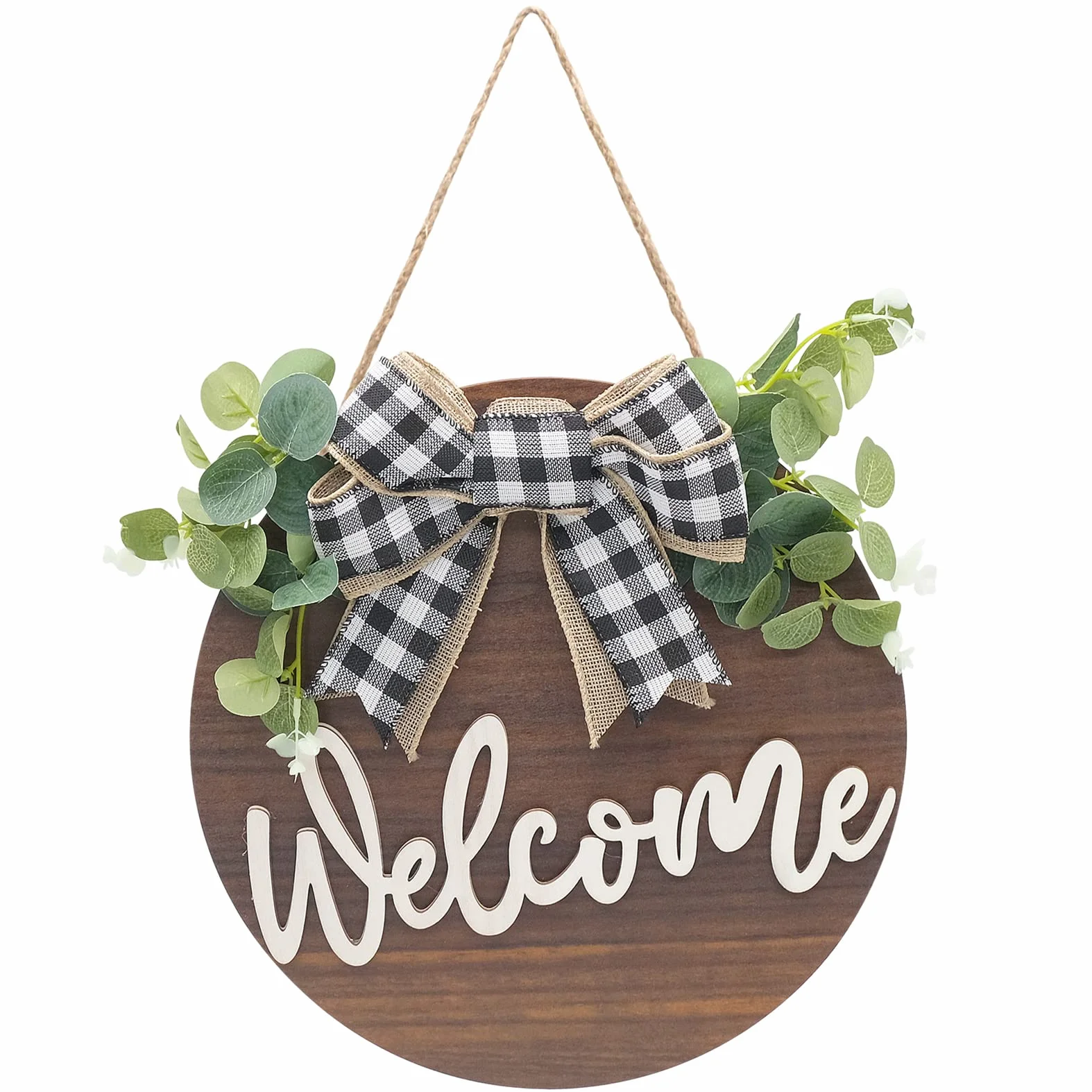 Letrero de Bienvenida Puerta Frontal Señal Madera Redonda Colgante Coronas de Bienvenida con Lazo y Flores para Casa de Campo Porche Decoración de La Puerta Delantera, 30 x 30 cm