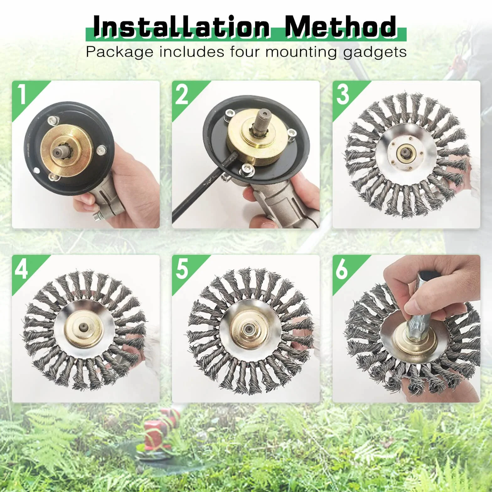 Cepillo de Malezas Redondo con 4 Accesorios, Adecuado para Jardines y Espacios Verdes (6 Pulgadas)
