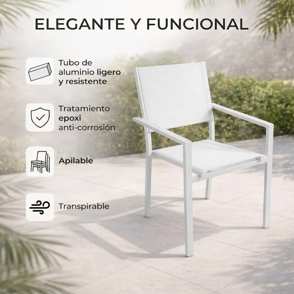 MONTY Set de 2 Sillas Thais de Aluminio Blanco y Textileno Blanco, Elegantes, Apilables, Ligeras y Resistentes, Tratamiento anticorrosión para Exteriores, de 56x56x86 cm