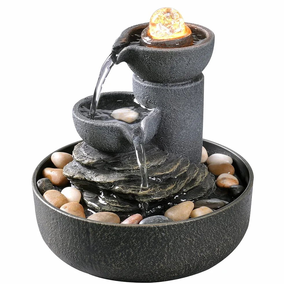 Fuente de la habitación, cascada de agua 2 etapas, meditación, decorativa con LED/adoquines, bolas de vidrio, sonidos relajantes para oficina y hogar (21098)