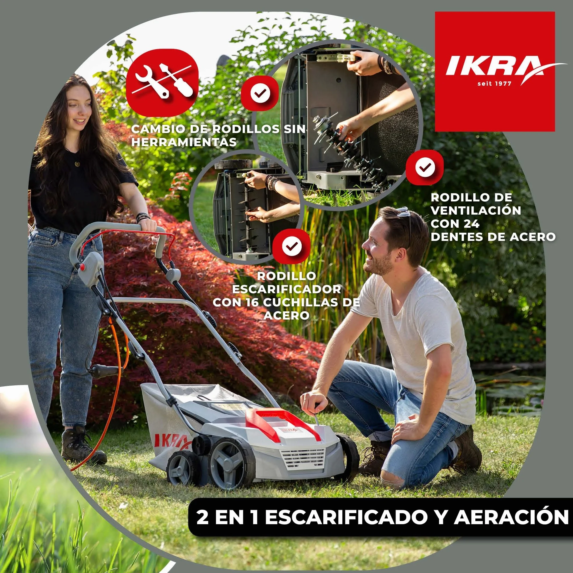 IKRA escarificador y aireador eléctrico IEVL 1838, saco coletor 40l, largo de trabajo 38cm, 1800W
