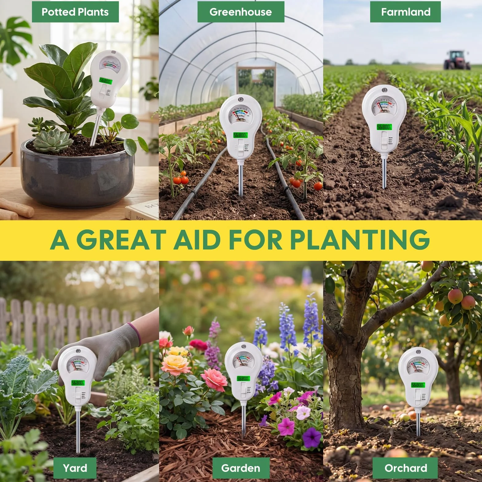 Medidor de Humedad del Suelo 6 en 1 Medidor de pH de Suelo Preciso Fertilidad/PH/Humedad/Temperatura/Humedad Ambiental/Luz Probador de Suelo con Problema Extraíble para Plantas Interior Exterior
