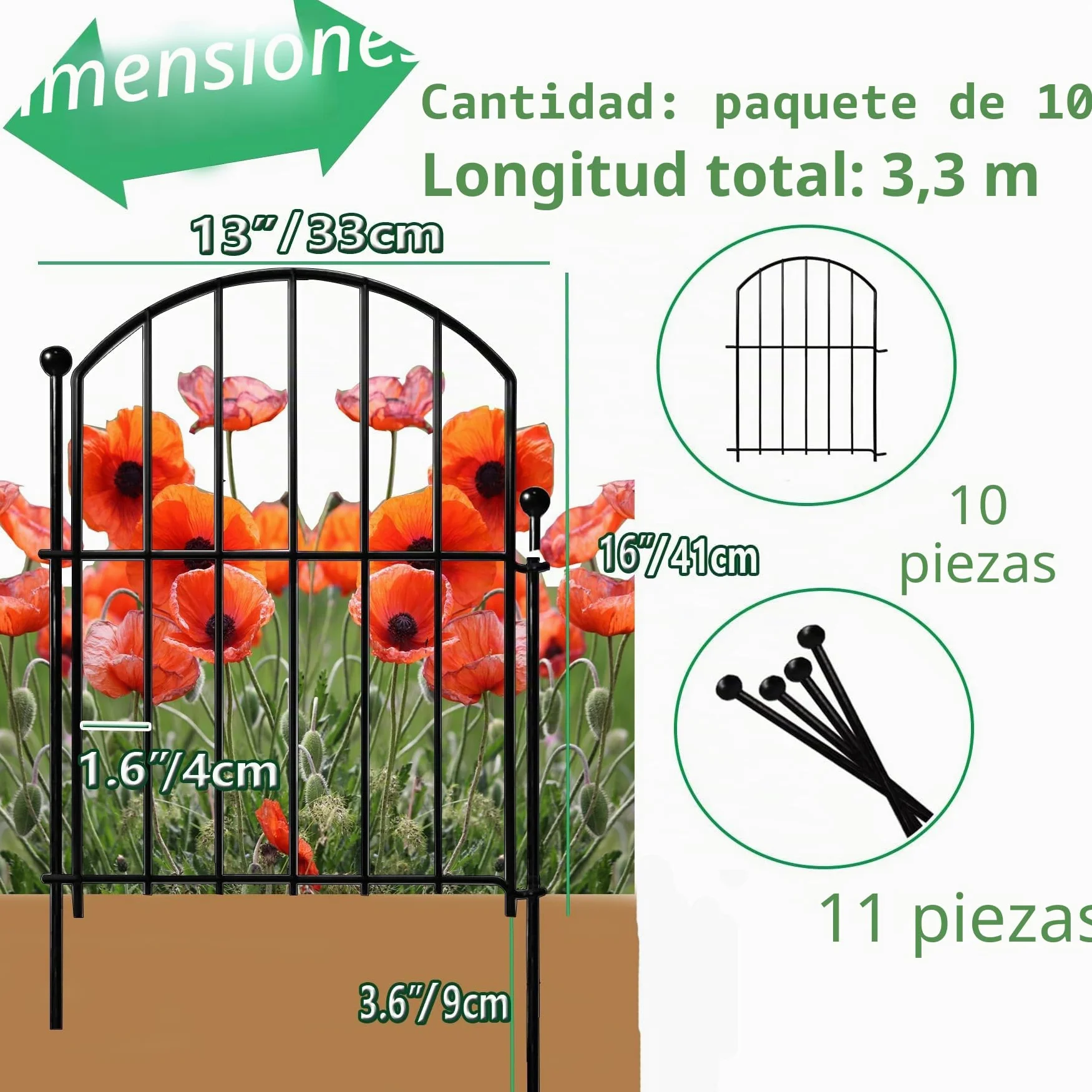 ANAMPION Valla de jardín, total 330cm largo x 43cm alto,10 PCS | Elementos de valla metal,11 barras de fijación,Valla Decorativa de Jardín,para barrera animales,Exteriores,Flores(Arco）