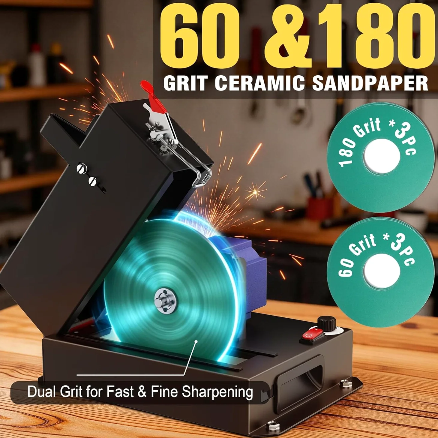 SporGain Afilador de cuchillas para cortacésped, motor sin escobillas, herramienta afiladora de cuchillas para cortacésped de 3000 rpm, rueda de cerámica de 7 pulgadas con 6 discos de lijado para