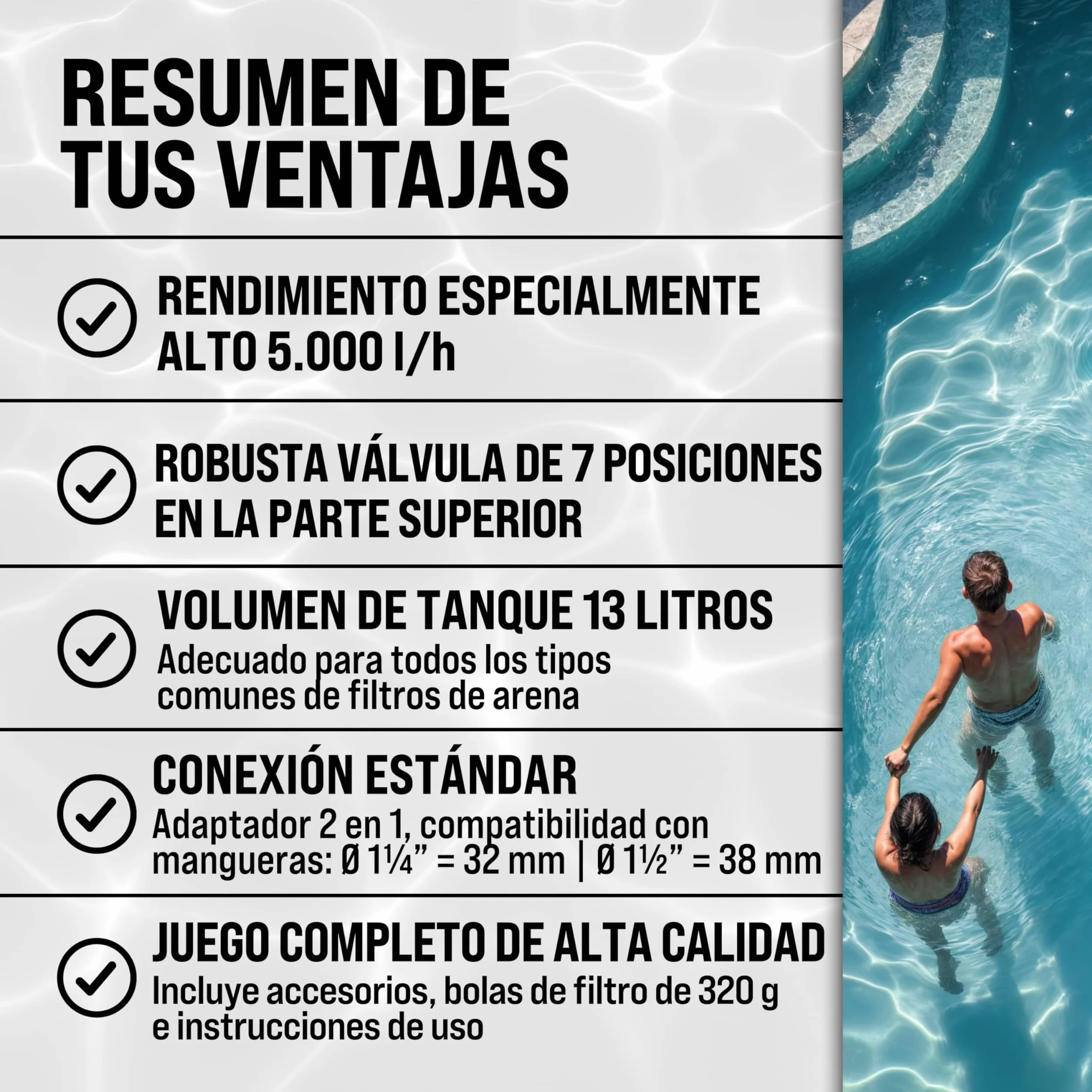 MONZANA® Depuradora Piscina 5000 L/h Filtro de Arena hasta 15.000 L con Bolas de Filtro Válvula 7 Funciones Filtrado Adaptador Ø32-38mm 180W Bomba Indicador de Presión