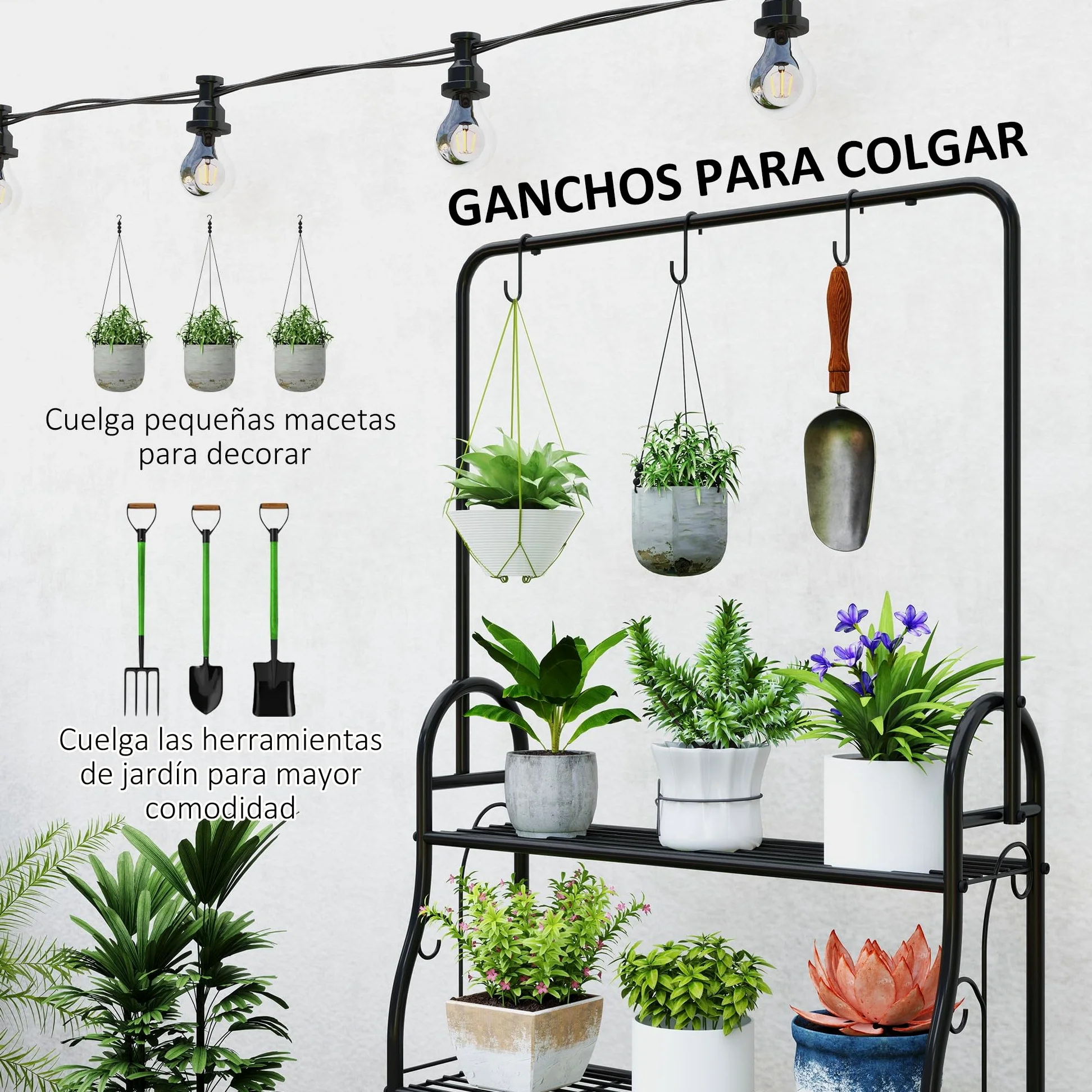 Outsunny Estantería para Plantas de 3 Niveles Soporte para Plantas con Ganchos de Metal Barra para Colgar Soporte para Macetas para Interior y Exterior Negro