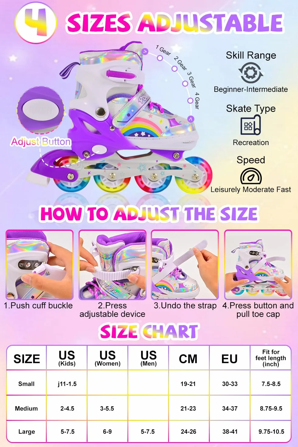 Patines en Línea Ajustables para Niños Principiantes, Patines de Ruedas Violeta Arco Iris