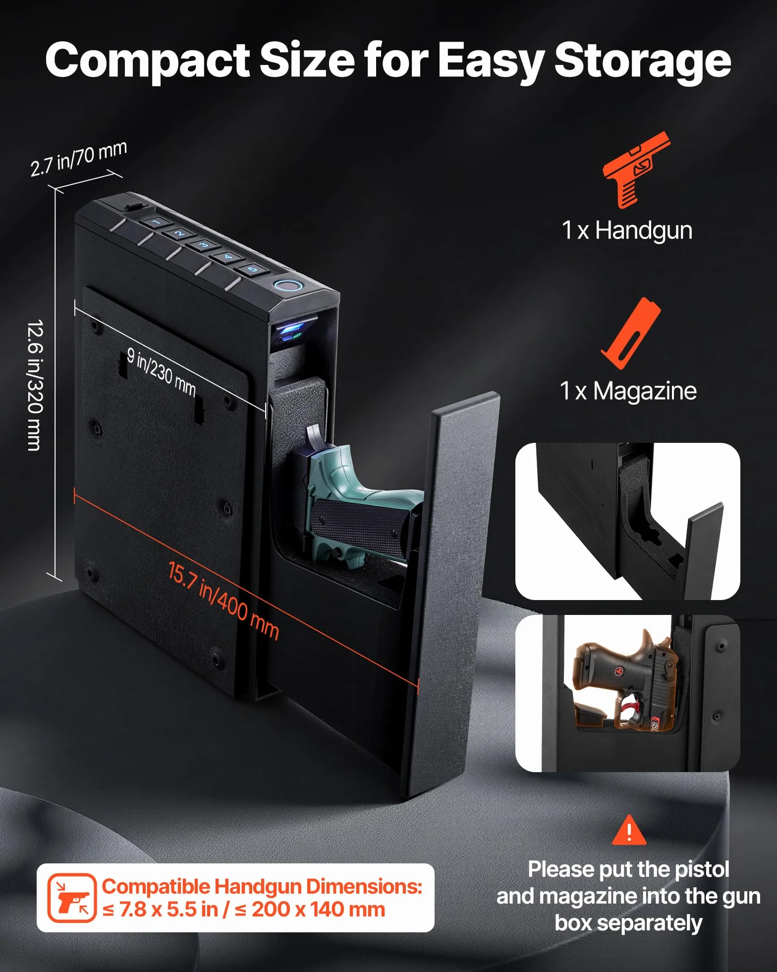 VEVOR Caja Fuerte para Pistolas, Control Deslizante, 3 Formas de Acceso: Huella Dactilar, Contraseña, Llave, Capacidad 1 Pistola 1 Cargador, Negro