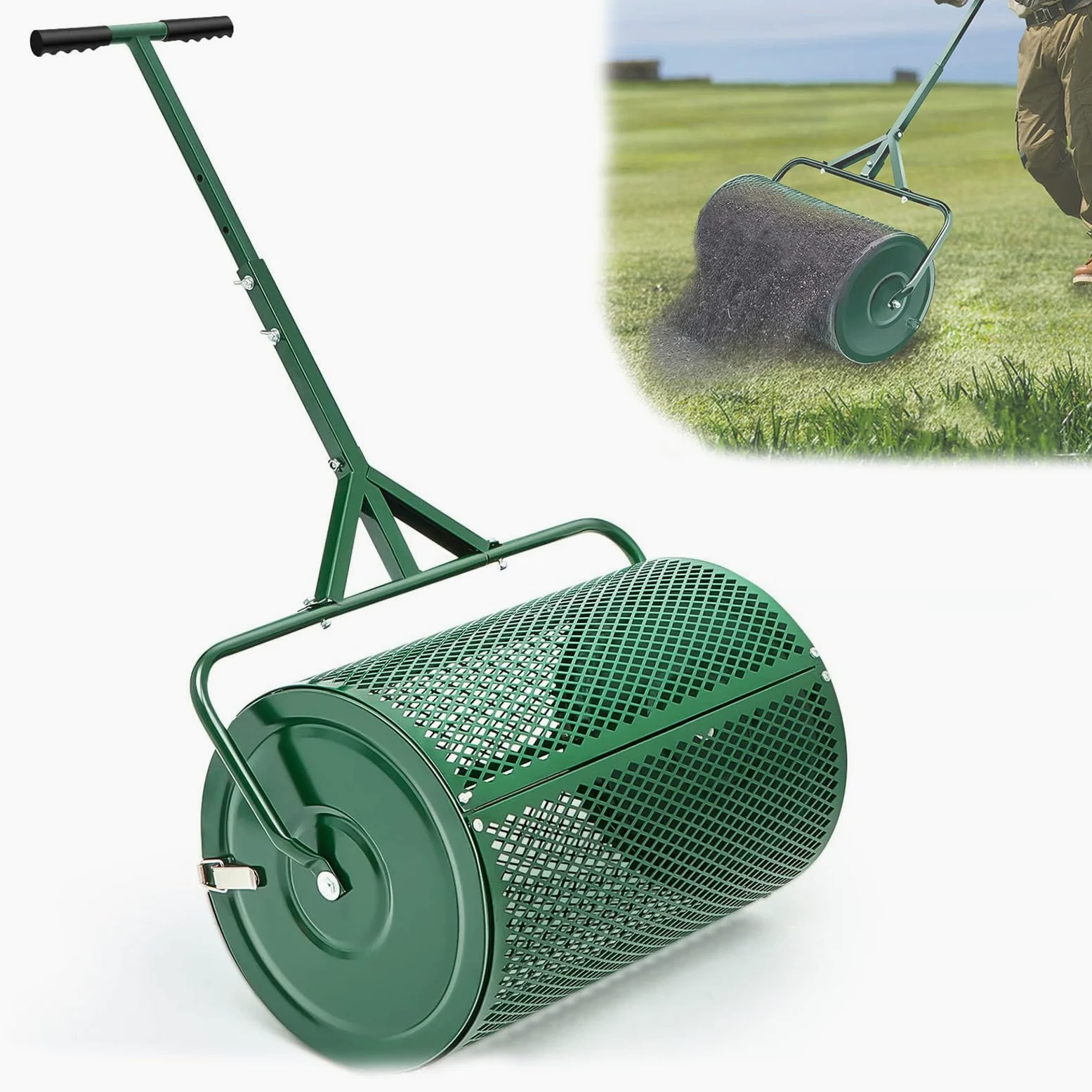 Esparcidor de abono de 61 cm con mango ajustable en forma de T para césped y jardín, estiércol y tierra vegetal, herramienta eficiente de patio para una fácil aplicación