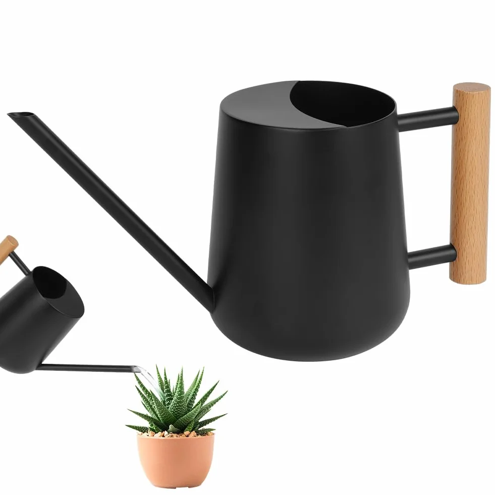 OFFCUP 35oz 1L Regadera Pequeña, Regadera de Acero Inoxidable para Jardín, Regadera con Caño Largo y Cómodo Mango de Madera, Regadera para Plantas, para Vivienda Exteriores Interior (Negro)