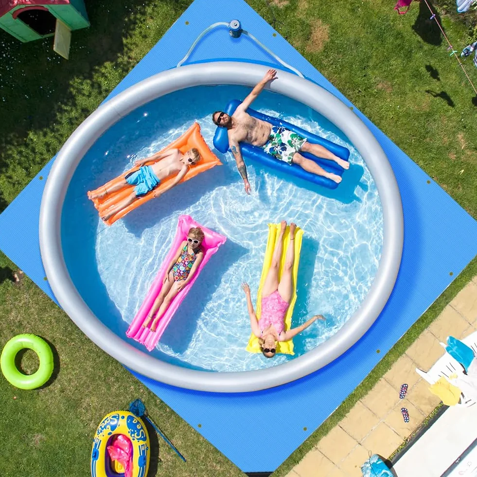 Roadtime Lona de suelo de piscina, 120 g/m², gruesa, cuadrada, con 4 ganchos y 20 m de cuerda de nailon, base de piscina con agujeros, lona impermeable y resistente a desgarros (4 x 4 m, azul)