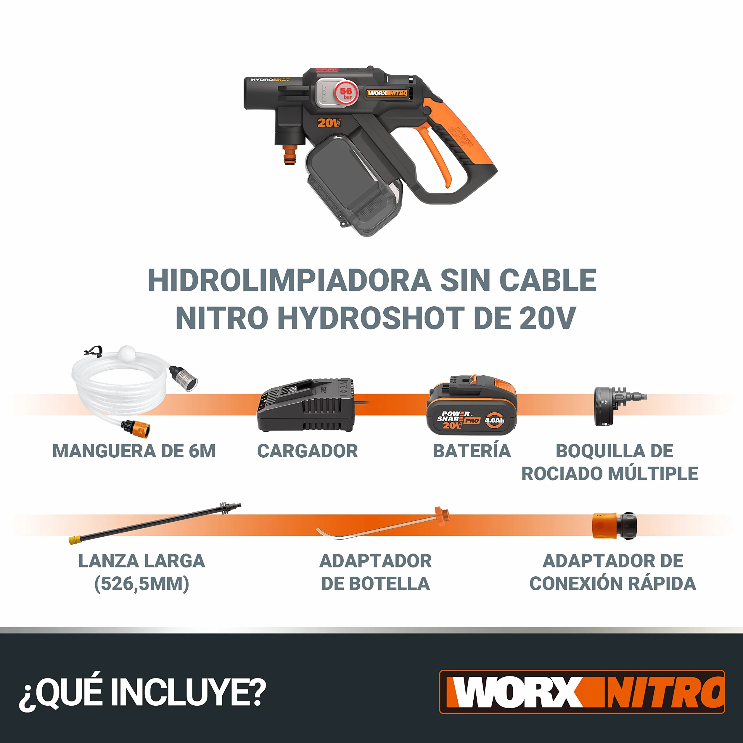 WORX Nitro WG633E Hdrolimpiadora 20V 4Ah, 56Bar, 220L/H, Limpieza de Coches y terrazas, batería y Cargador incluidos, compacta, Ligera y transportable para Limpiar en Cualquier Lugar