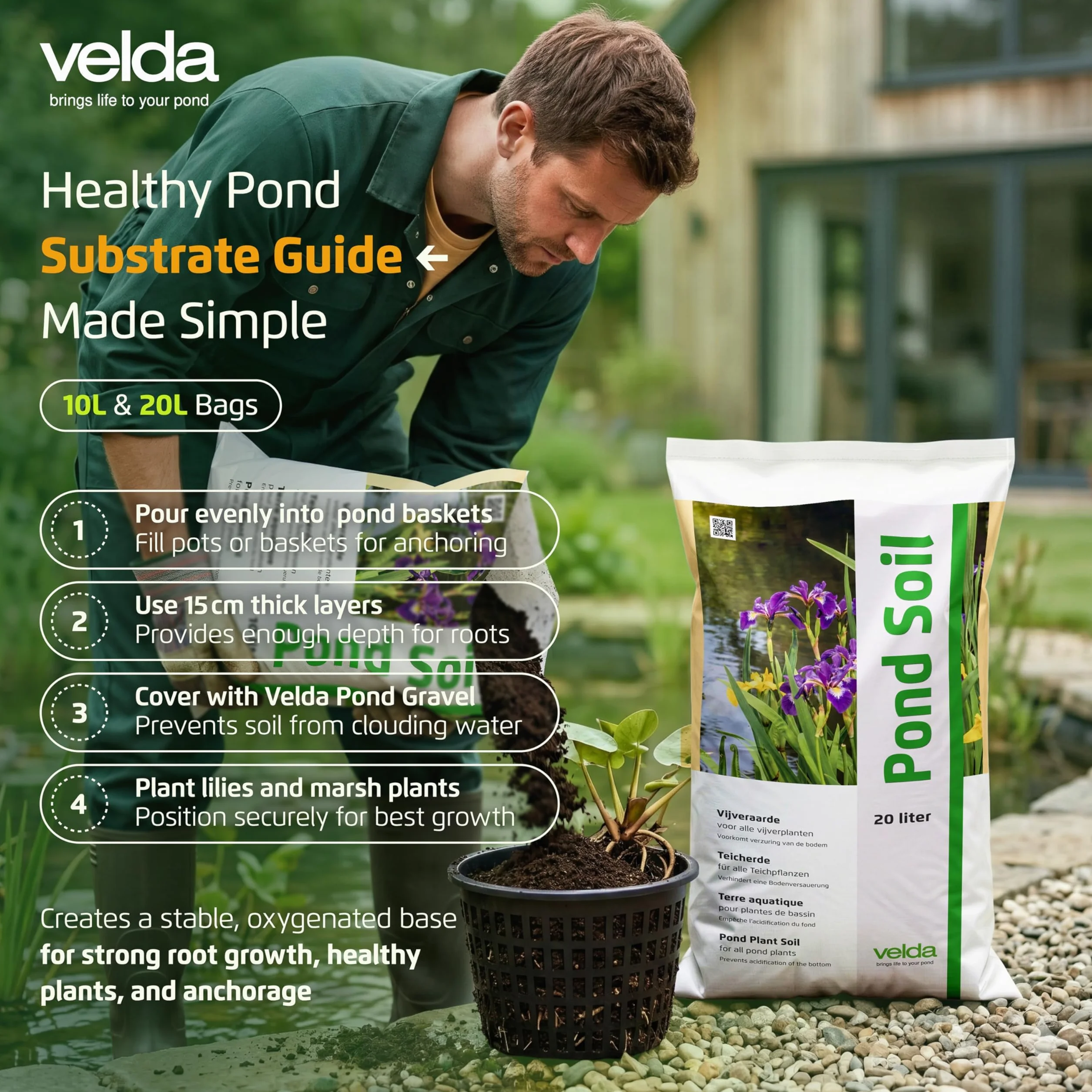 Velda Suelo de estanque de 20 litros, compost acuático para plantas de estanque al aire libre, suelo acuático con nutrientes para plantas sumergidas, marginales y flotantes, para todos los estanques