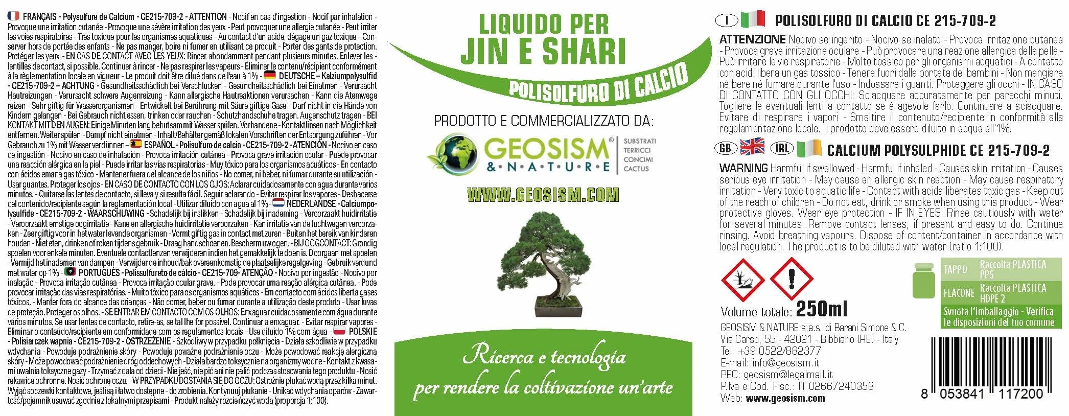Líquido para Jin y Shari Geosism (polisulfuro de Calcio) Certificado para bonsái (250 ml)