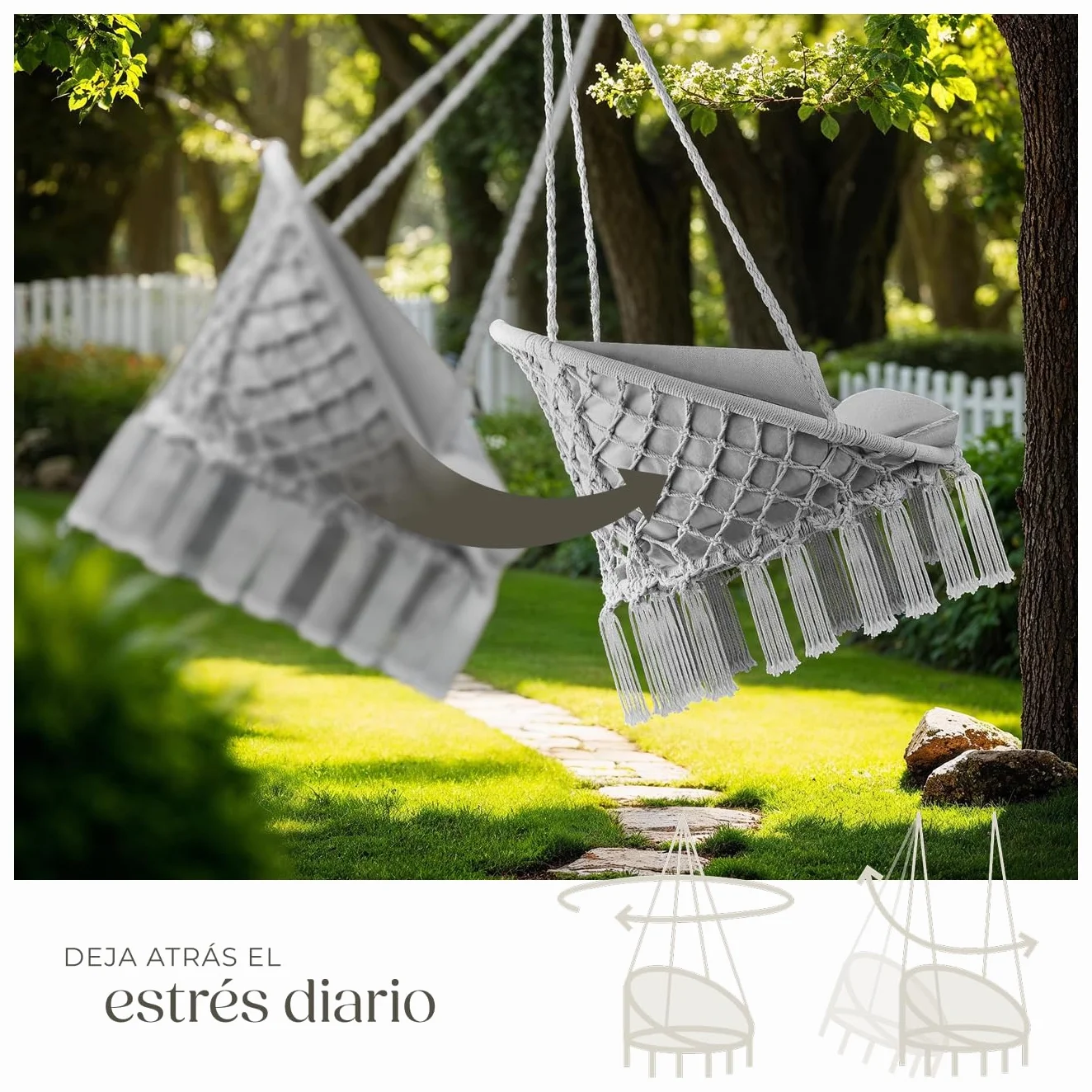 tectake® Columpio Jardín Exterior, Silla Colgante con Cojín Grande y Mullido, Sillón Balancín con Estructura Estable de Acero, Hamaca Colgante para Interior y Exterior, Trenzado en Algodón - Gris