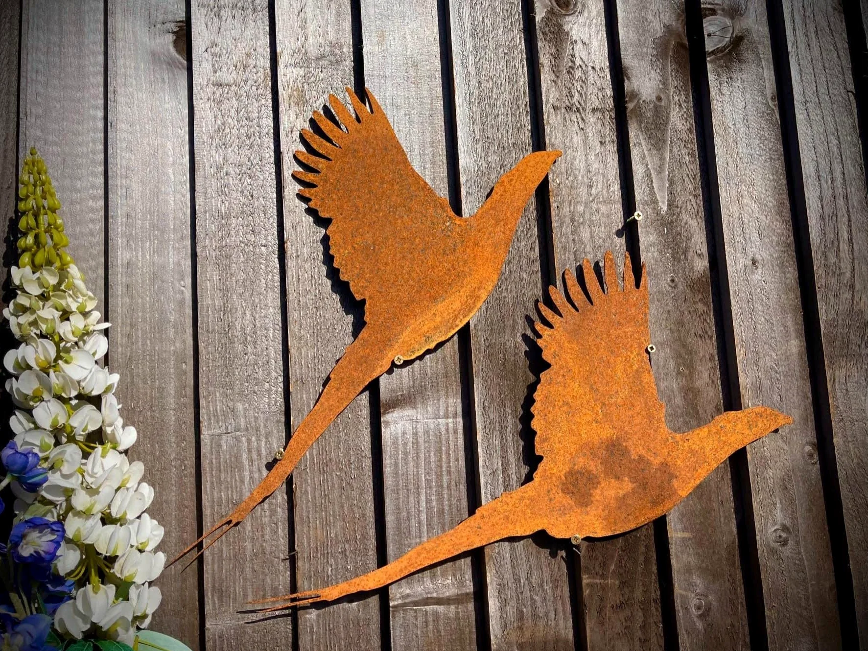 Pequeño par rústico exterior faisán pájaro jardín pared casa puerta valla cartel colgante metal arte escultura regalo regalo