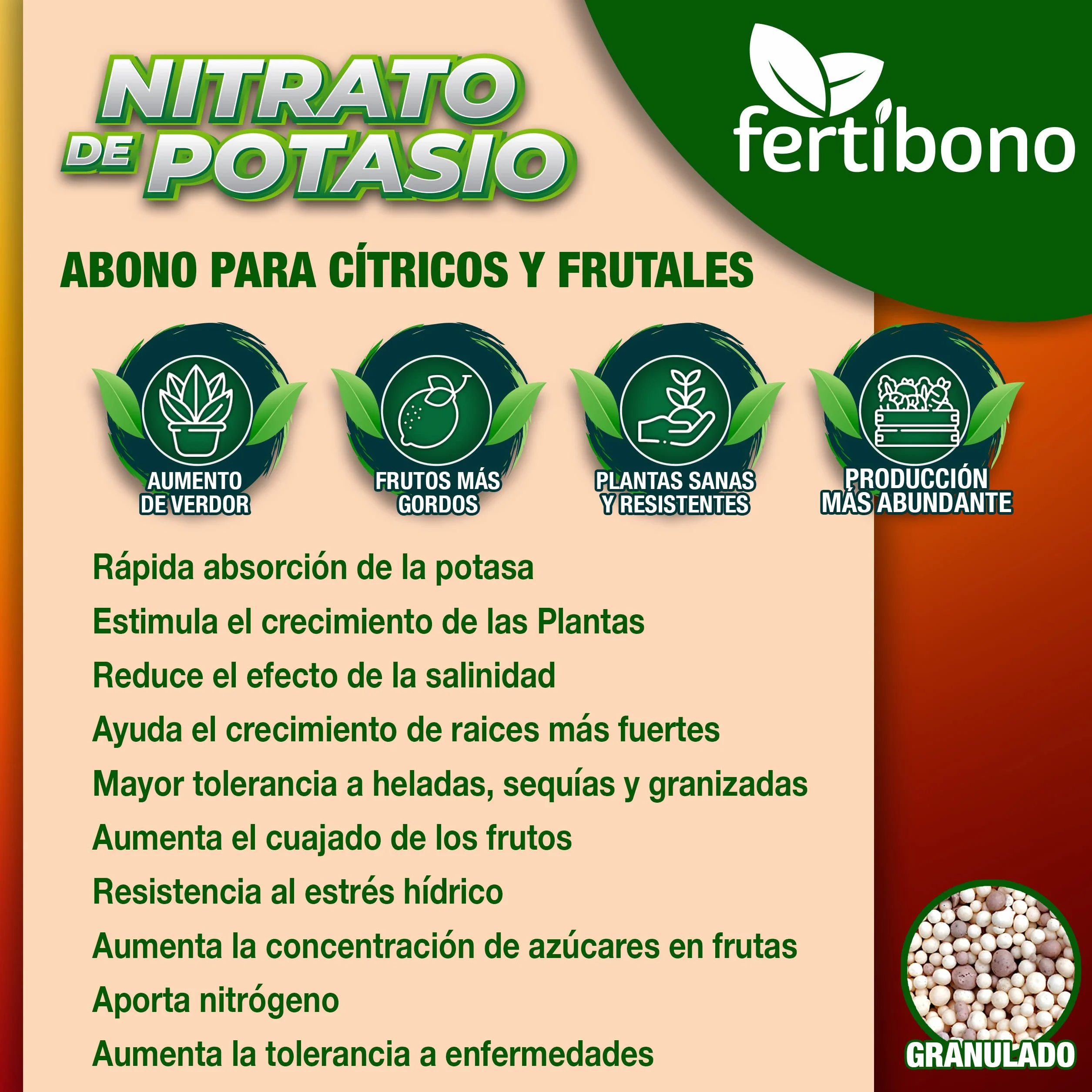 FERTIBONO Nitrato de potasio,Puro (KNO3) 13-00-46, Aumenta el Tamaño y la Calidad de la Fruta, los Azúcares y el Rendimiento de los Cítricos (700 Kg)