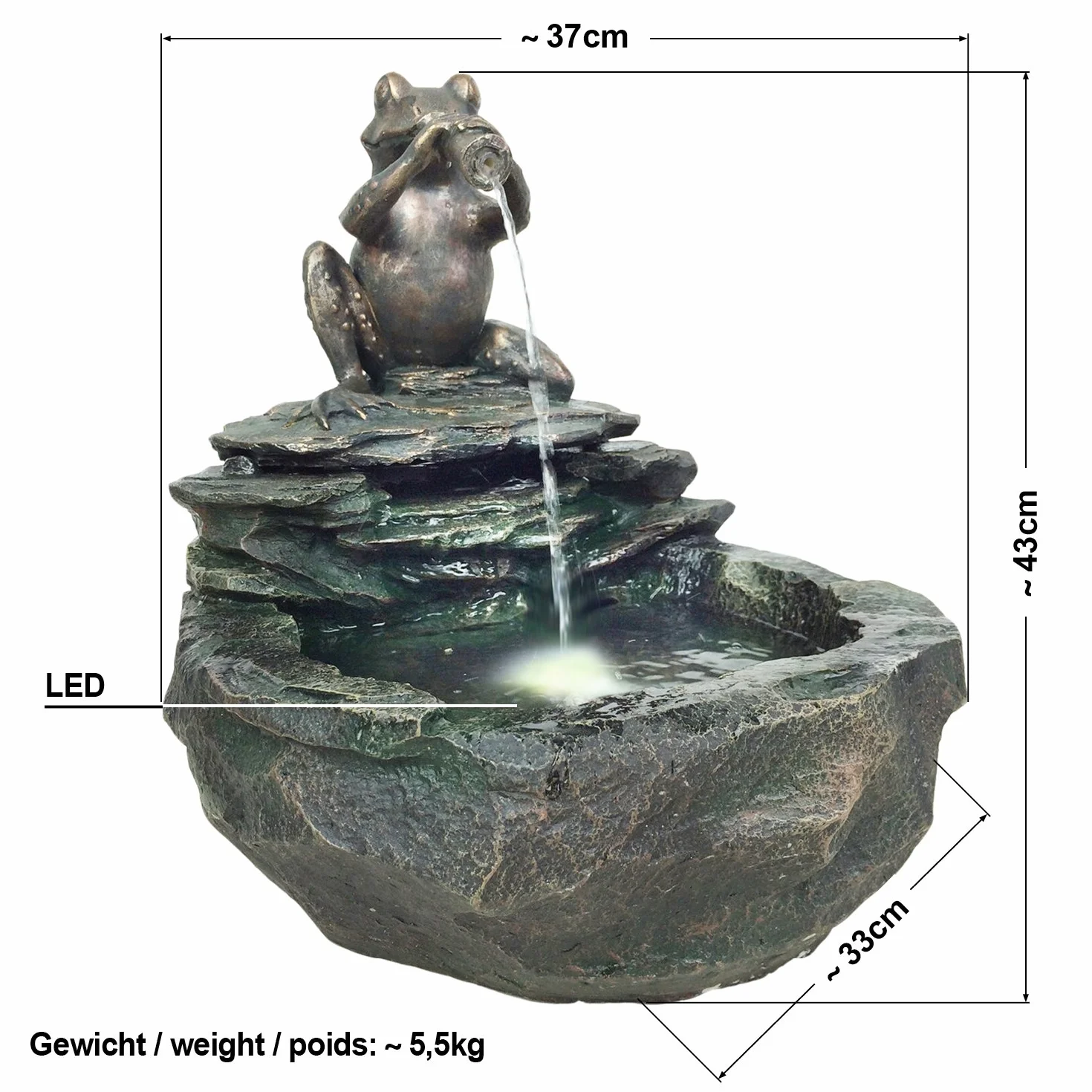 Fuente Exterior - Fuente Decorativa - Fuente EN Cascada - Tazón-Granito-en Cascada - para el Jardin -con batería Li-Ion & luz LED (Fuente -3-230V)