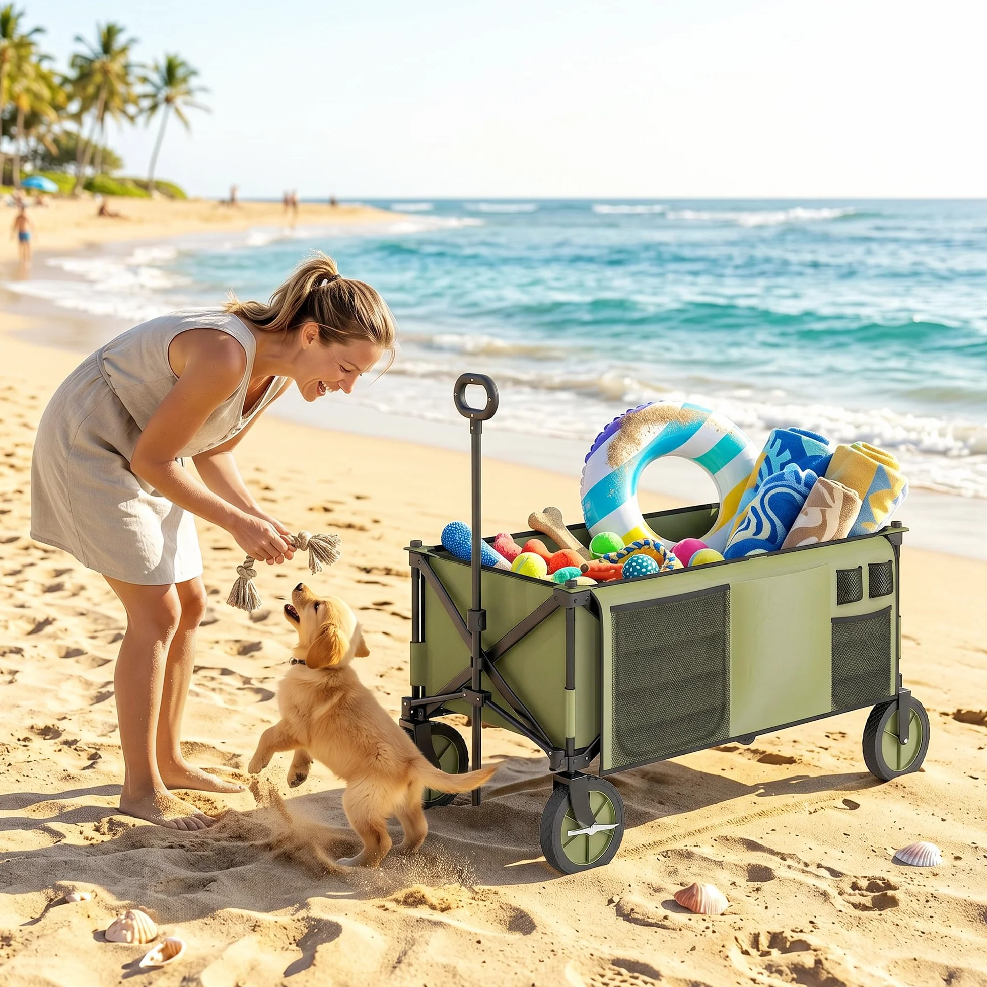 Outsunny Carro Plegable de Jardín con Ruedas Carro para Playa con Mango Telescópico Tablero Plegable 5 Bolsas Marco de Acero Carga 100 kg para Compra Patio 108x55x93 cm Verde