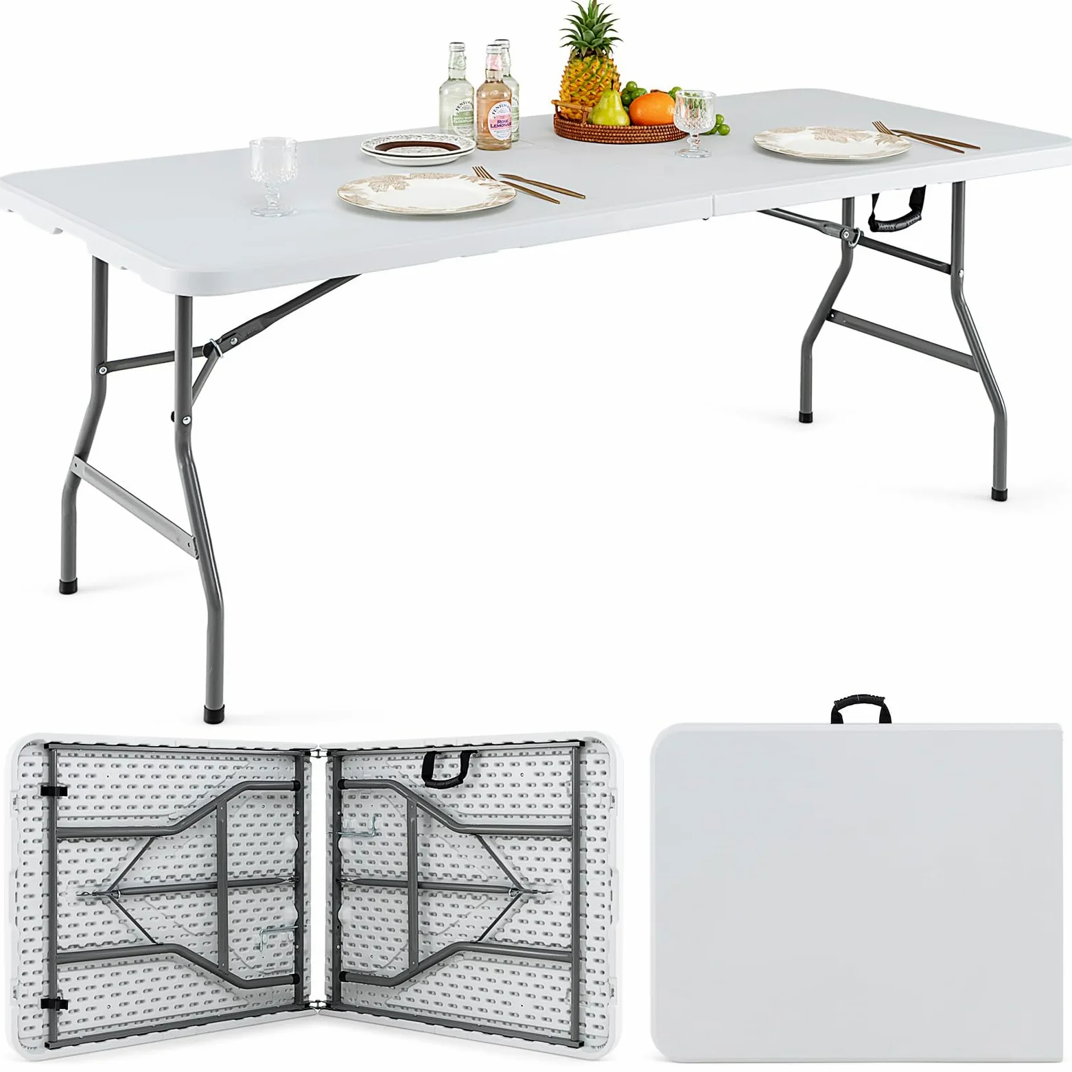 GYMAX Mesa Rectangular Plegable, Mesa de Comedor Exterior e Interior de HDPE, con Patas de Metal, Almohadillas Antideslizantes, para Camping, Picnic, Jardín, Playa, 180 x 75 x 73,5 cm, Blanco