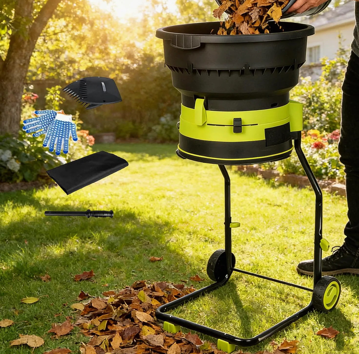 Trituradora eléctrica de hojas con motor de alta potencia, control ajustable y accesorios para una limpieza eficiente del patio