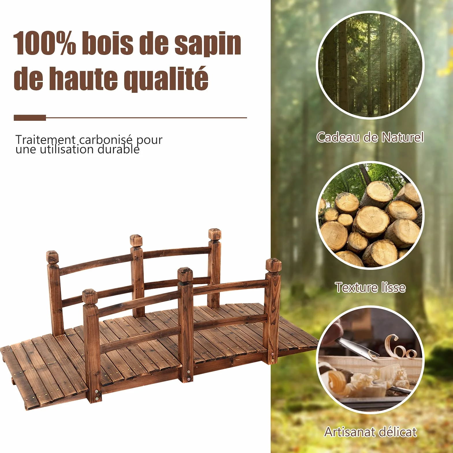 GOPLUS Puente de Madera rústico y Macizo, con Mano Corriente, decoración de jardín, Puente de Estanque, soporta un Peso máximo 100 kg, 150 x 67 x 55 cm (marrón)